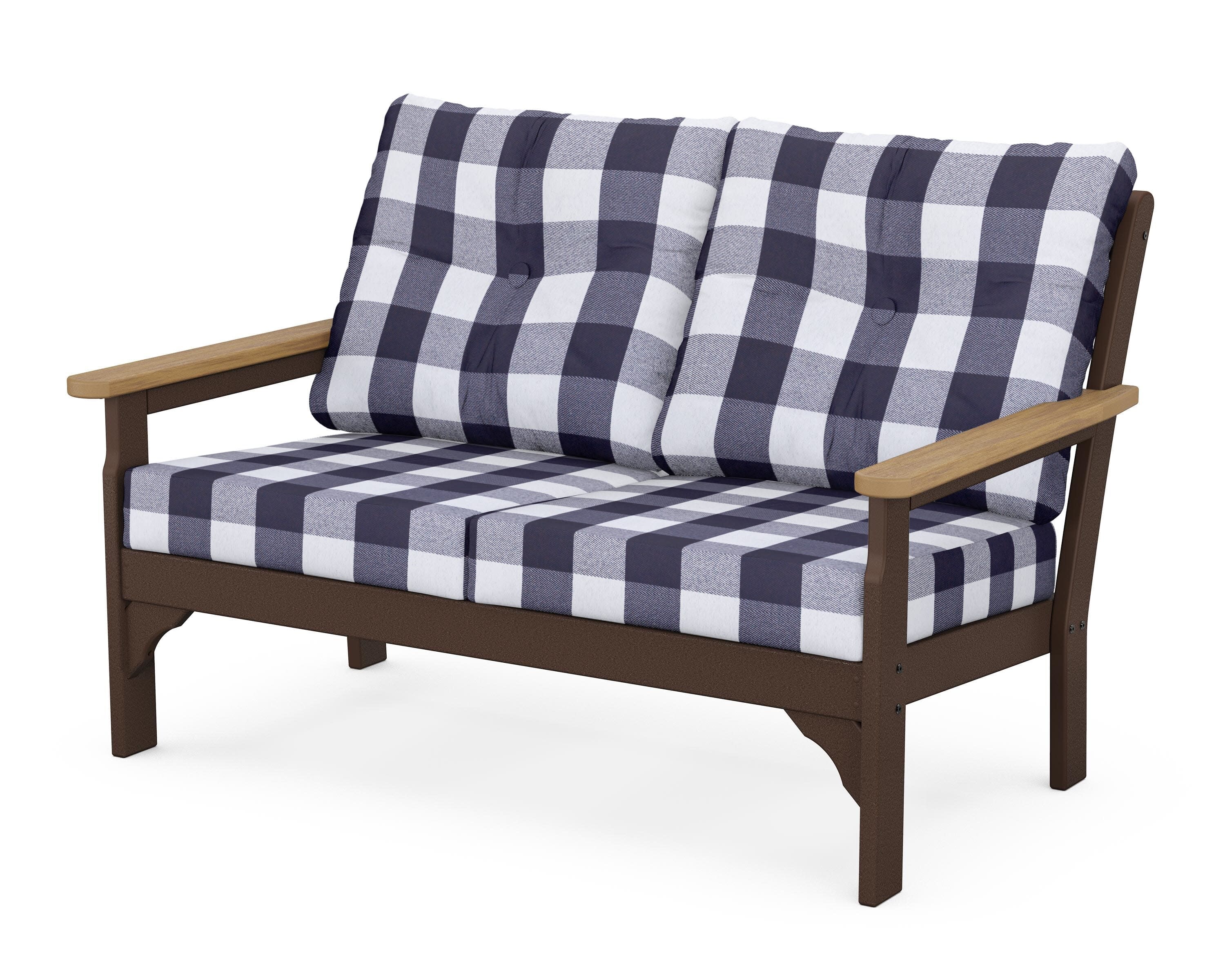 Vineyard Deep Seating Loveseat in Mahogany / Natural / Buffalo Plaid Navy