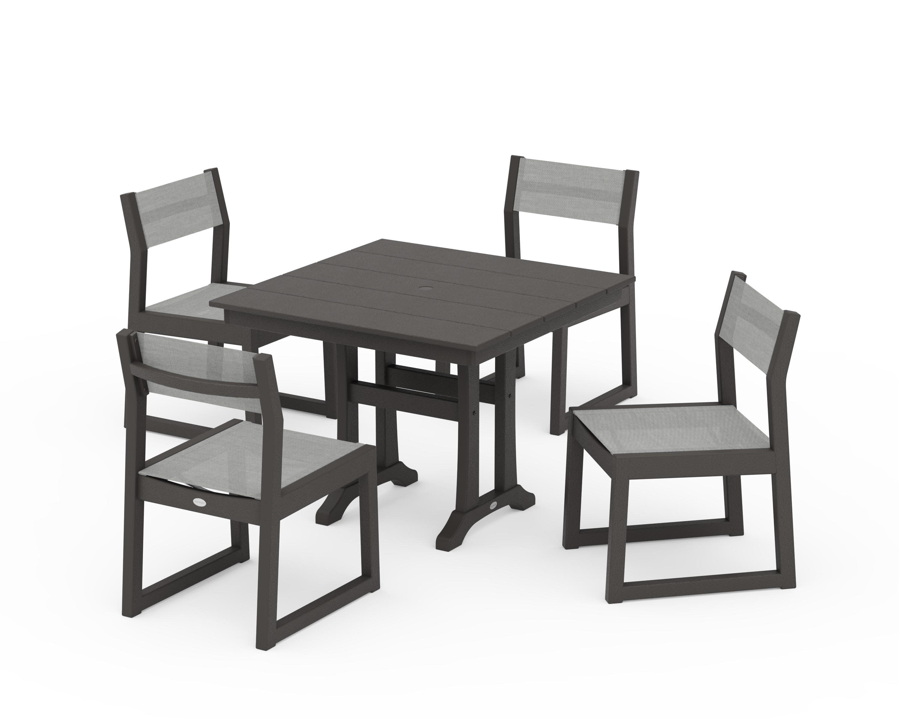 EDGE Sling 5-Piece Farmhouse Trestle Side Chair Dining Set in Vintage Coffee / Metallic Sling