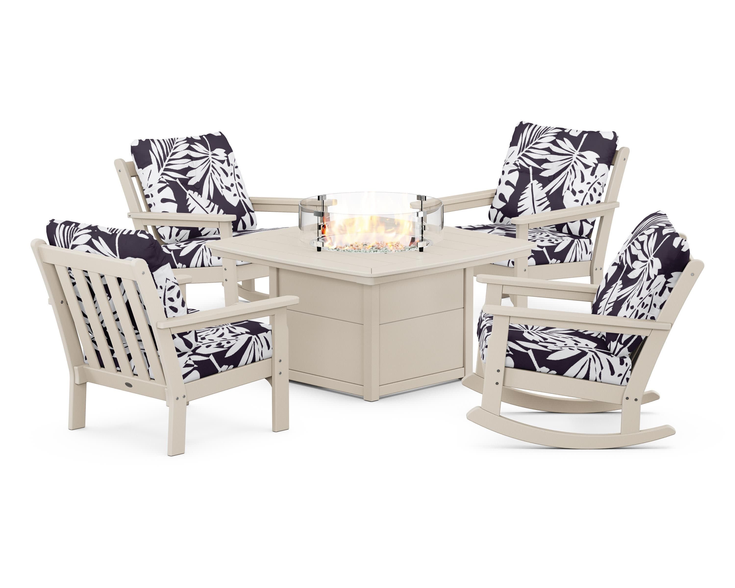 Vineyard 5-Piece Deep Seating Rocking Chair Conversation Set with Fire Pit Table in Sand / Leaf Navy
