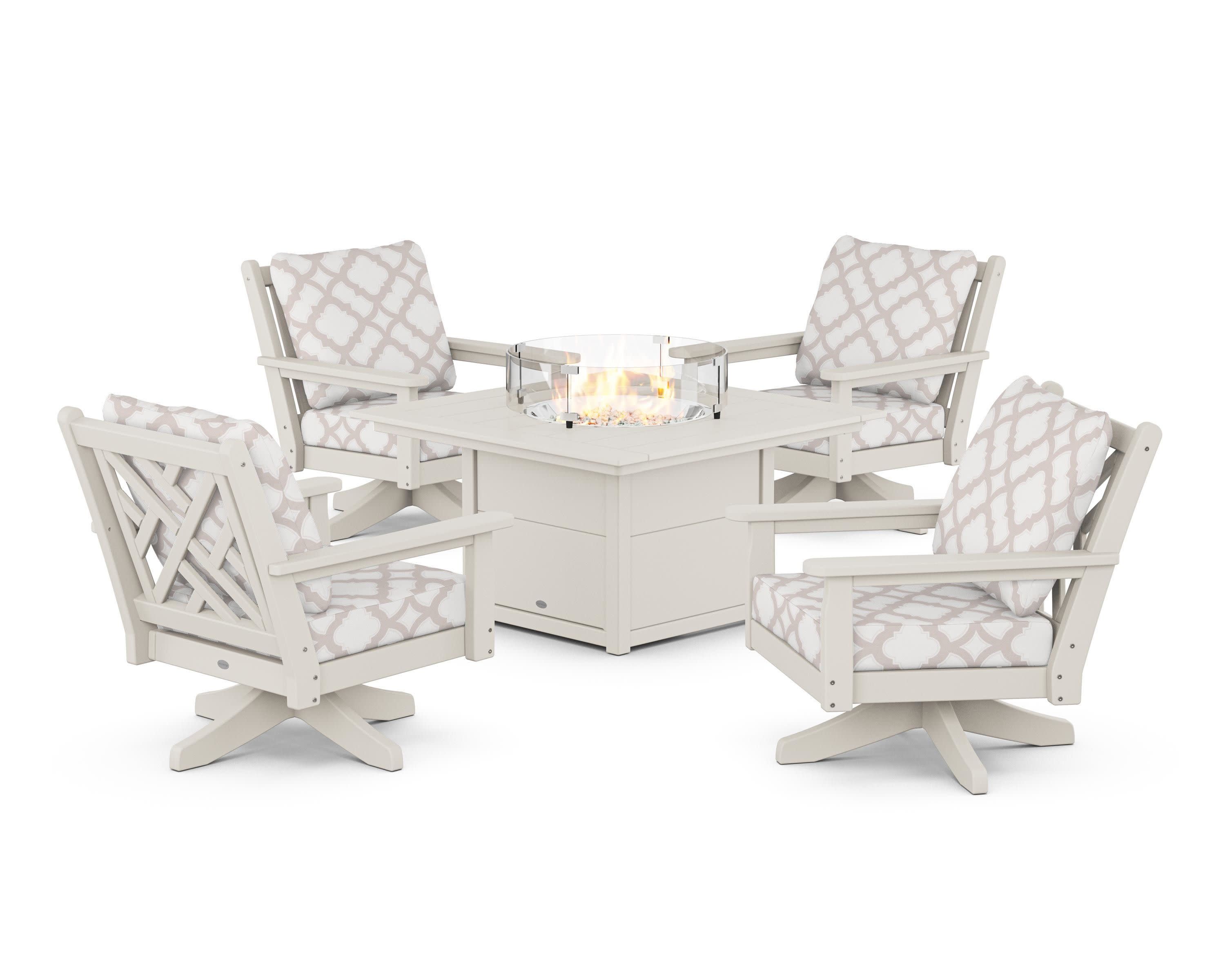 Chippendale 5-Piece Deep Seating Swivel Conversation Set with Fire Pit Table in Sand / Trellis Dune Burlap