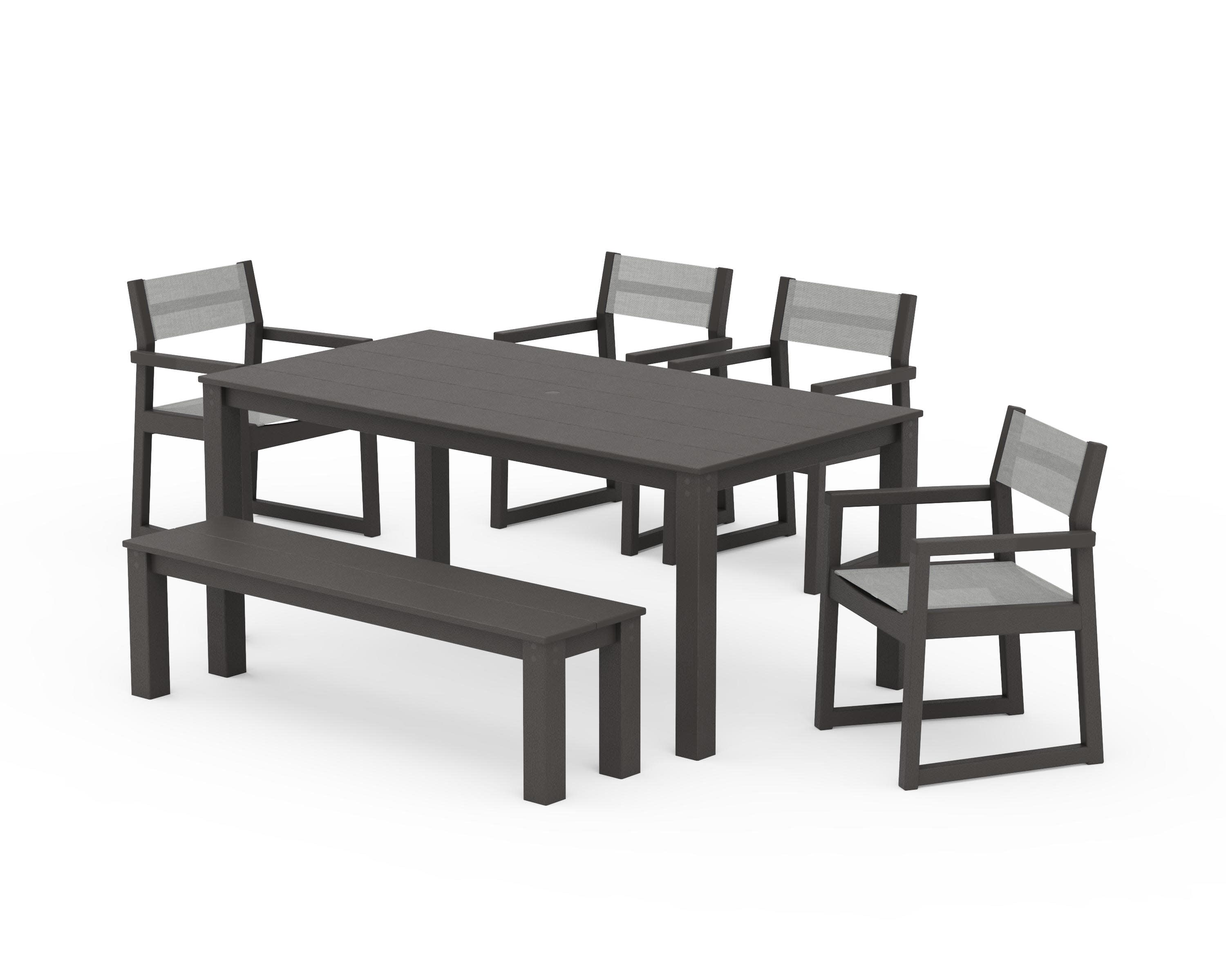 EDGE Sling Arm Chair 6-Piece Parsons Dining Set with Bench in Vintage Coffee / Metallic Sling