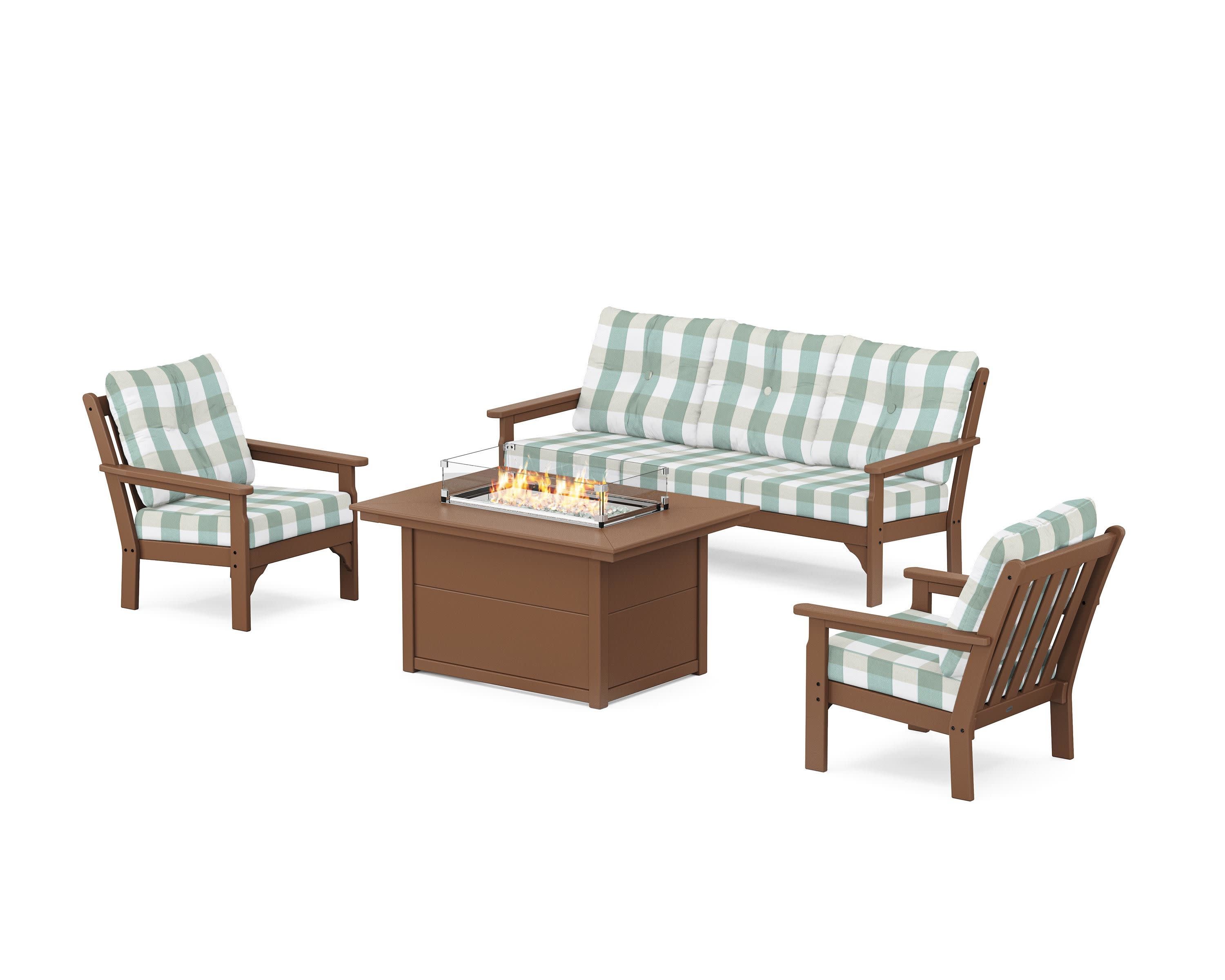 Vineyard Deep Seating Fire Pit Table Set in Teak / Buffalo Plaid Glacier Spa