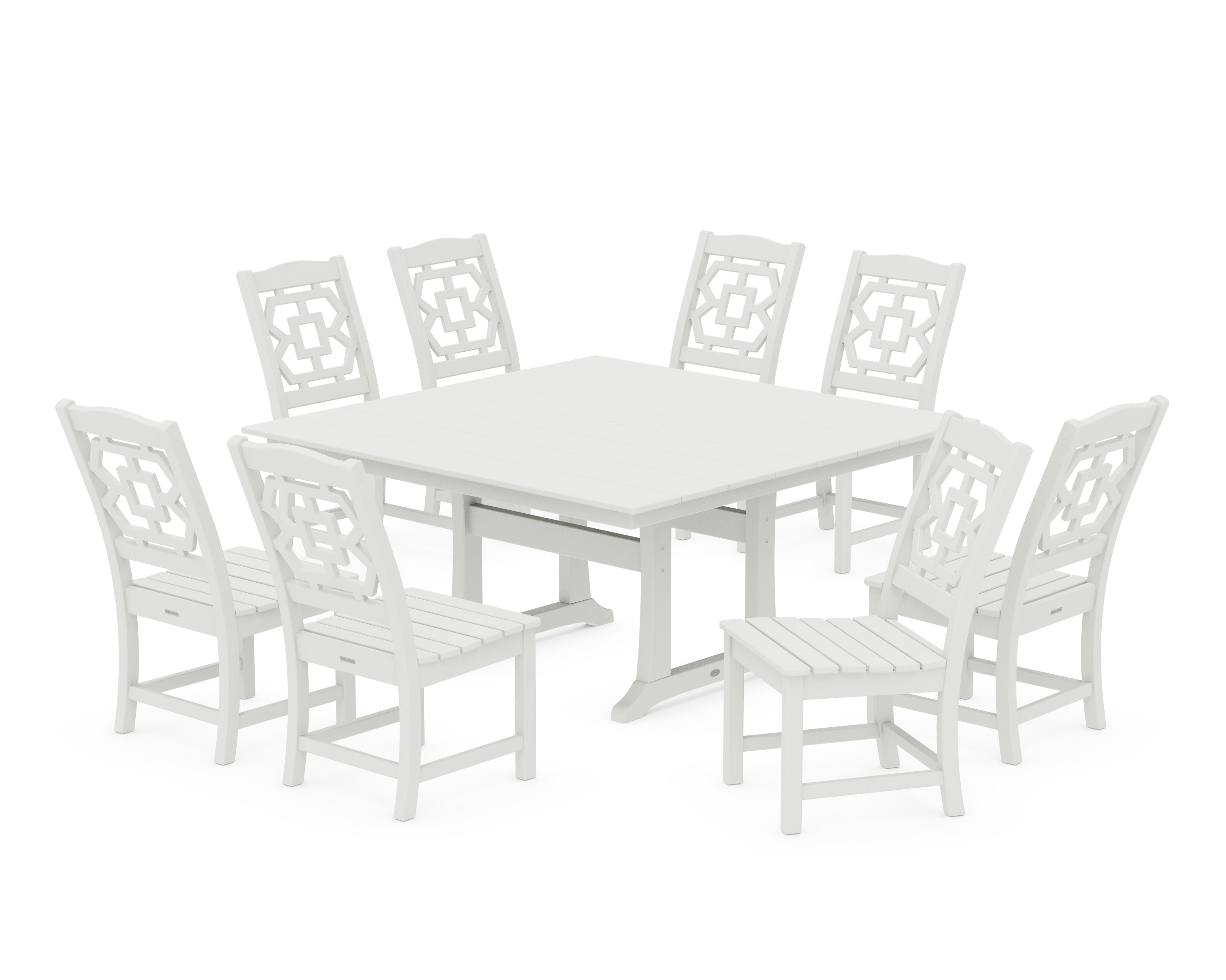 Chinoiserie 9-Piece Square Farmhouse Side Chair Dining Set with Trestle Legs in Vintage White