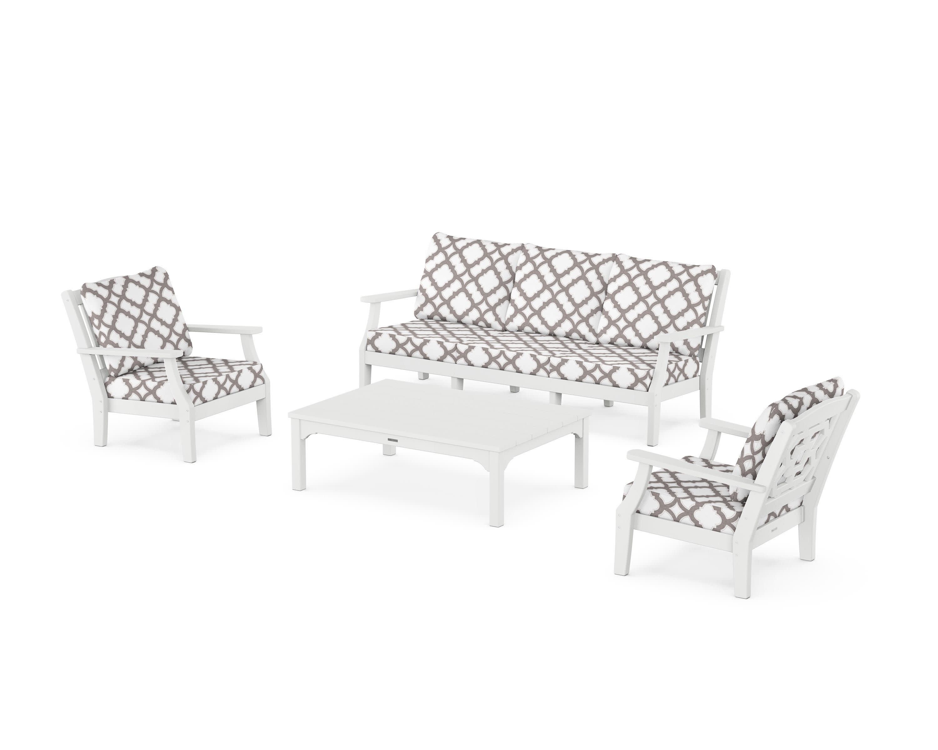 Chinoiserie 4-Piece Deep Seating Set with Sofa in White / Trellis Grey Mist
