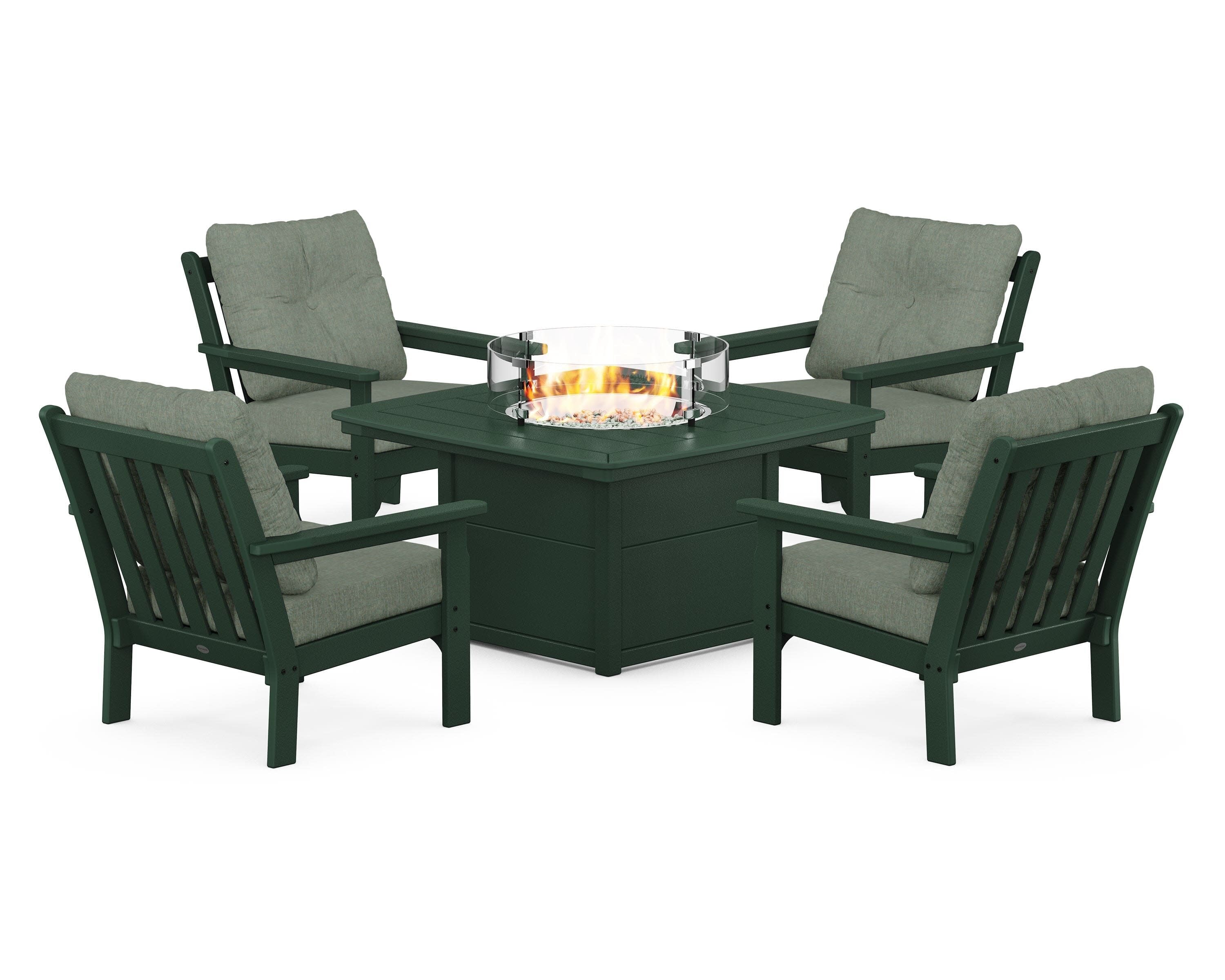 Vineyard 5-Piece Conversation Set with Fire Pit Table in Green / Cast Sage
