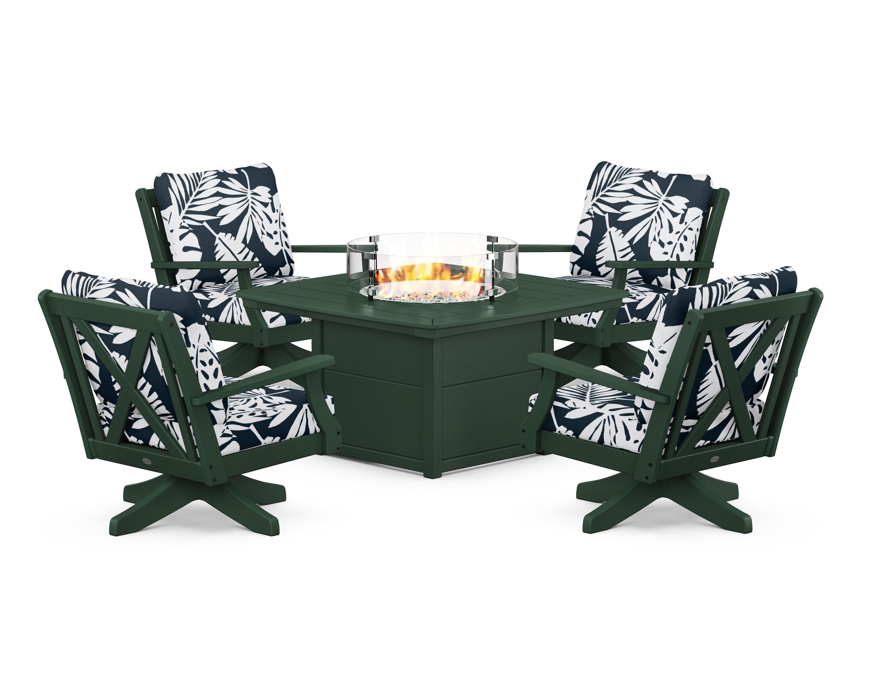 Braxton 5-Piece Deep Seating Swivel Conversation Set with Fire Pit Table in Green / Leaf Marine Indigo