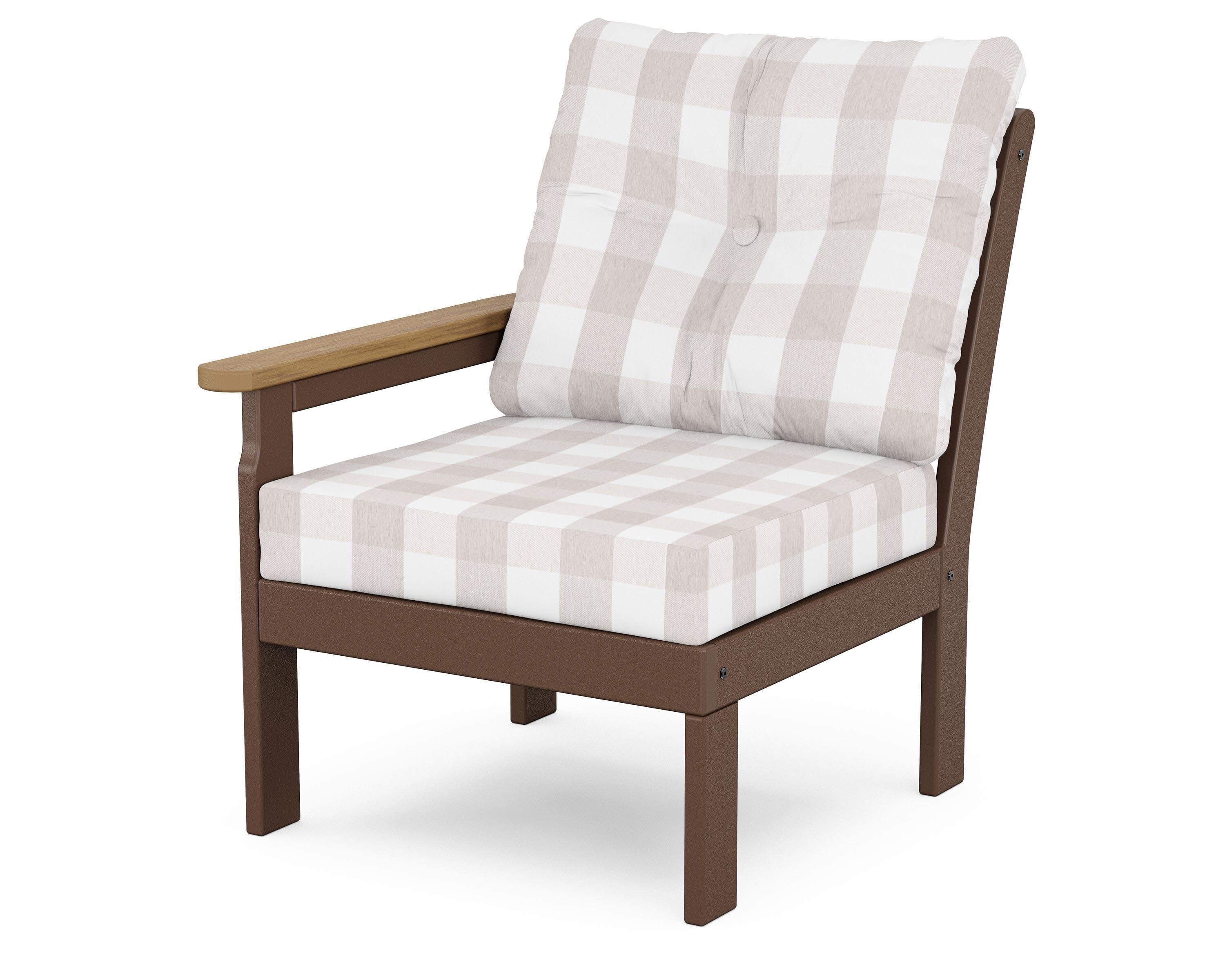 Vineyard Modular Left Arm Chair in Mahogany / Natural / Buffalo Plaid Dune Burlap