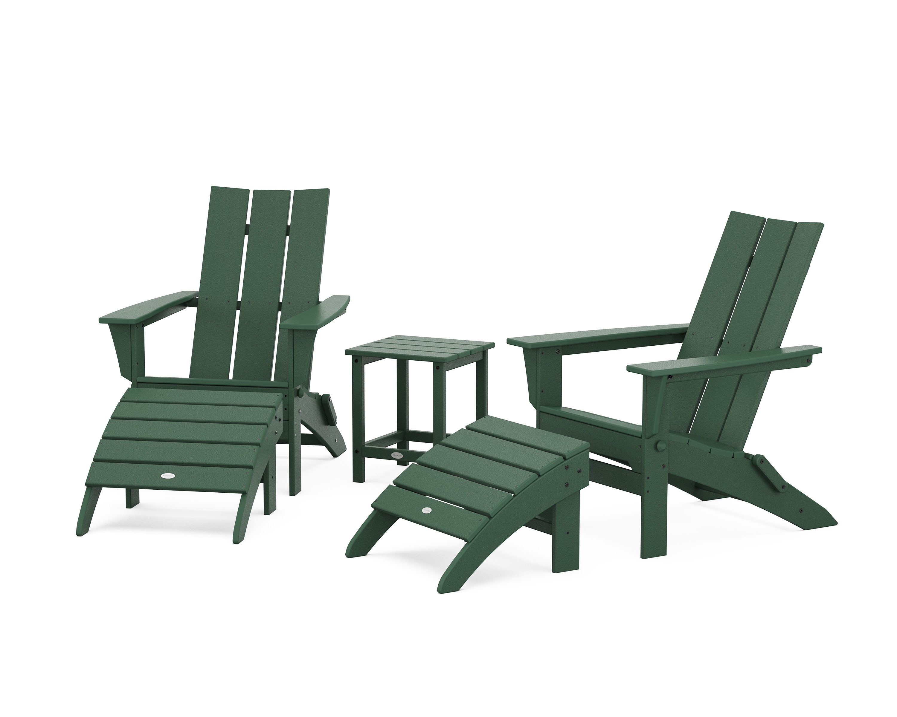 Modern Folding Adirondack Chair 5-Piece Set with Ottomans and 18" Side Table in Green