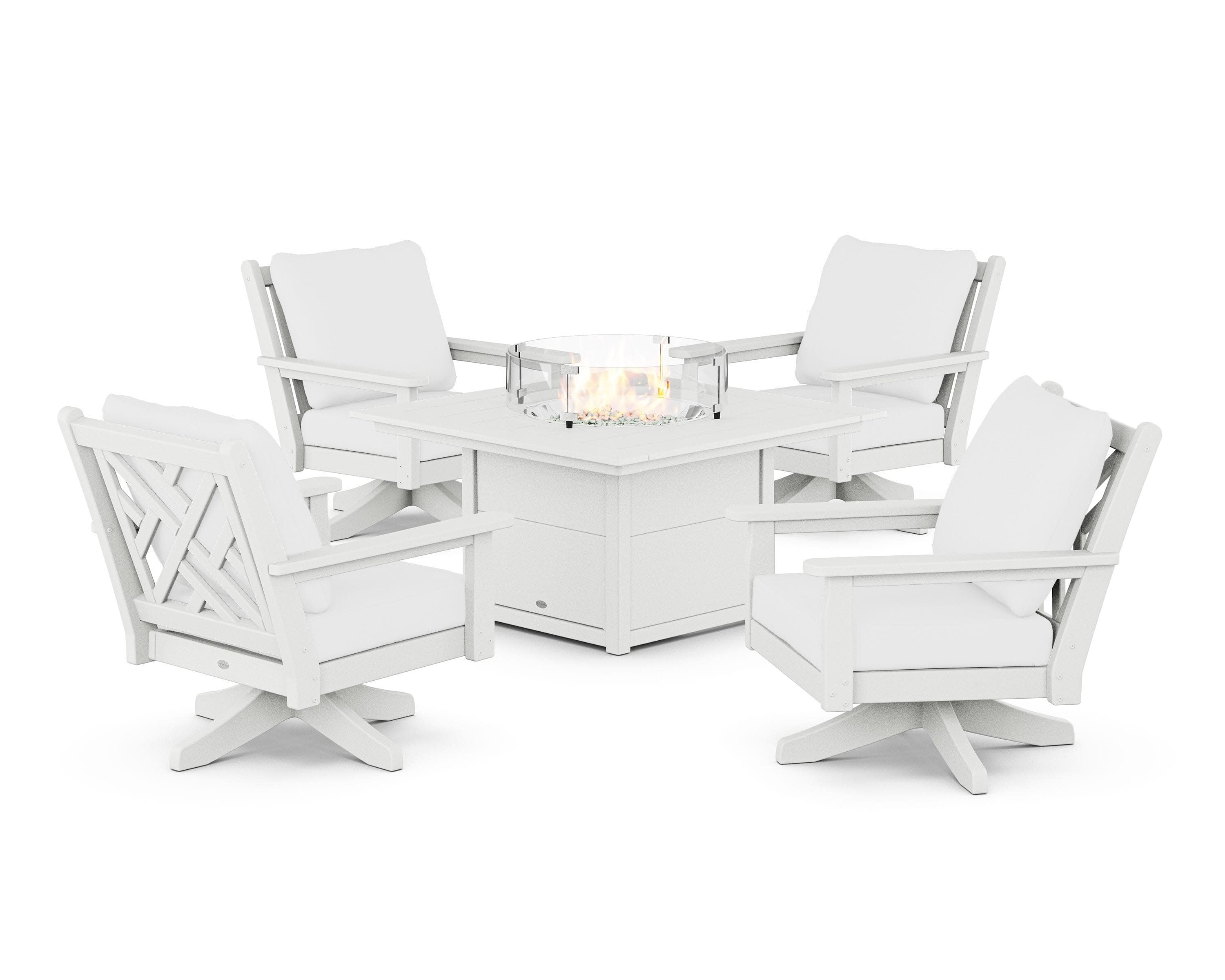 Chippendale 5-Piece Deep Seating Swivel Conversation Set with Fire Pit Table in White / Natural