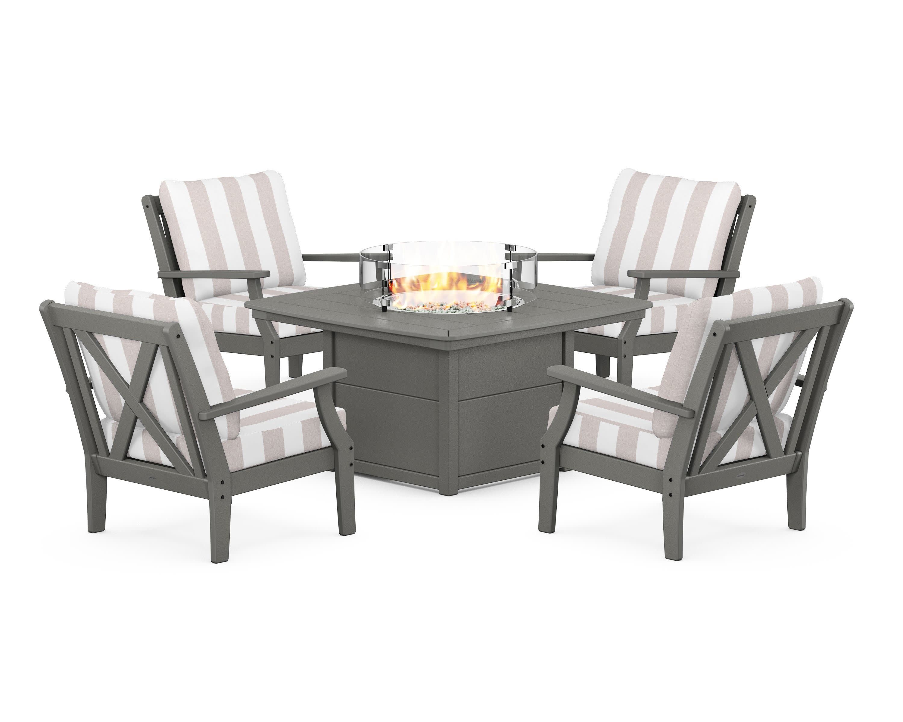 Braxton 5-Piece Deep Seating Conversation Set with Fire Pit Table in Slate Grey / Cabana Stripe Dune Burlap