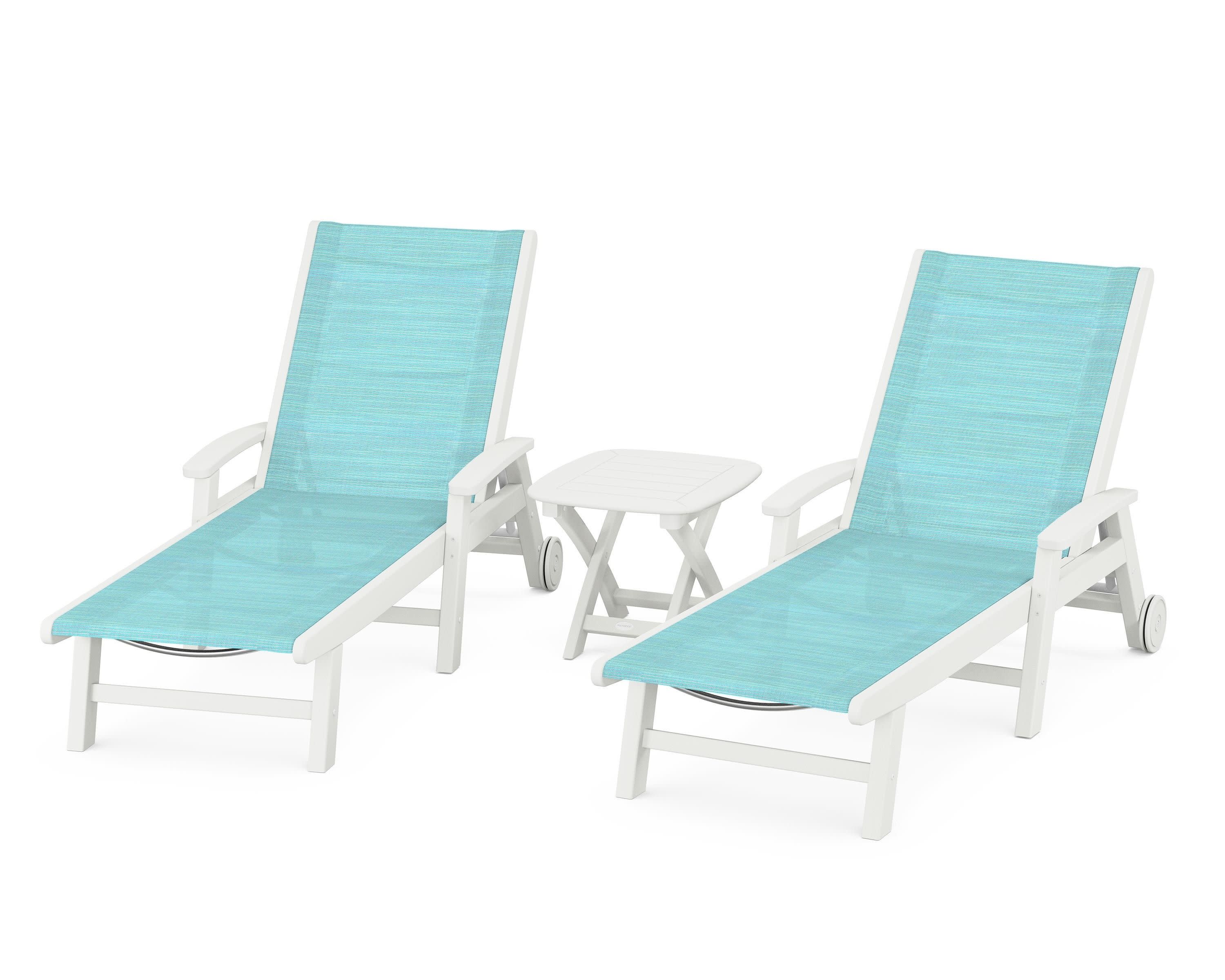 Coastal 3-Piece Wheeled Chaise Set in Vintage White / Dupioni Aquamarine Sling