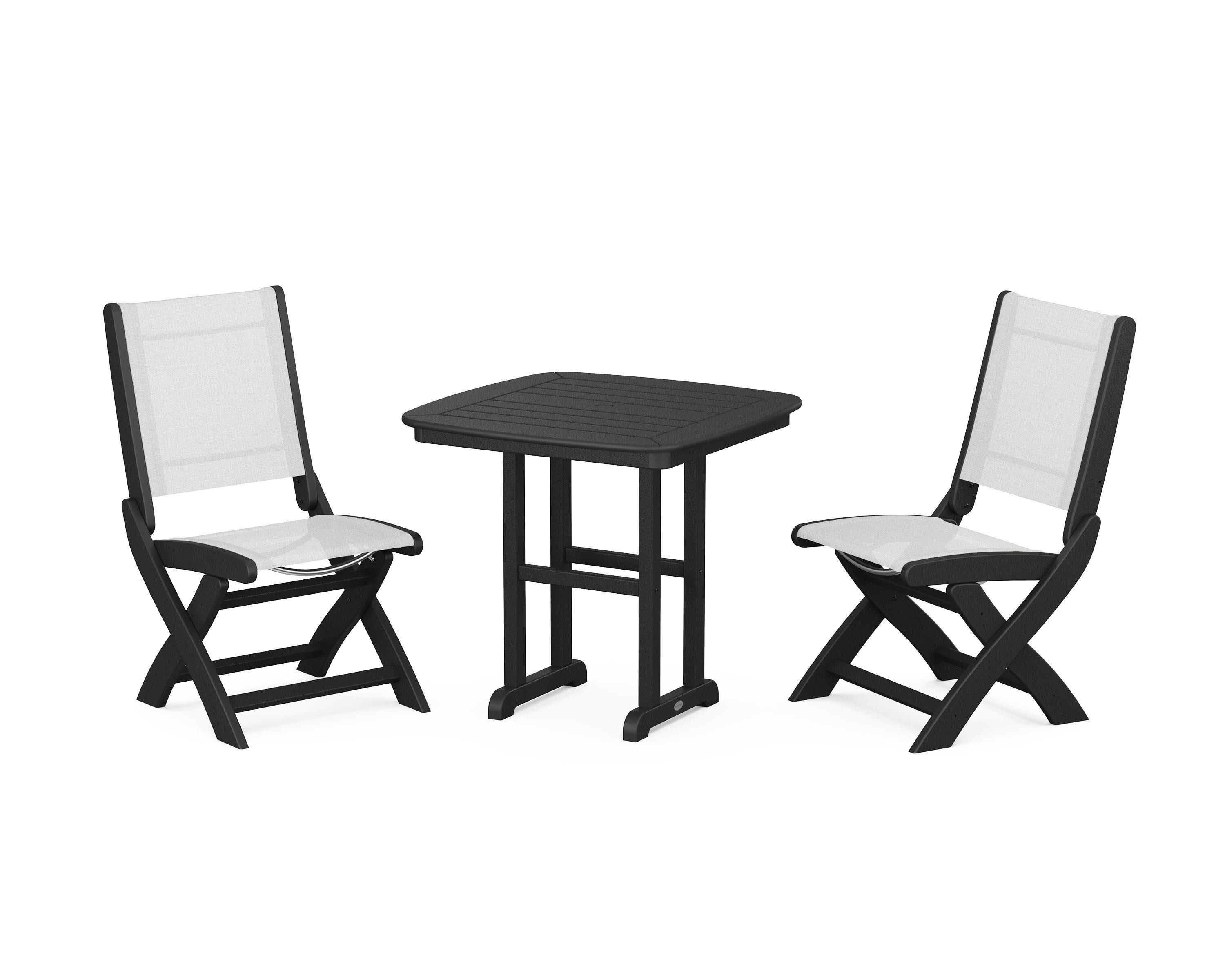 Coastal Folding Side Chair 3-Piece Dining Set in Black / White Sling