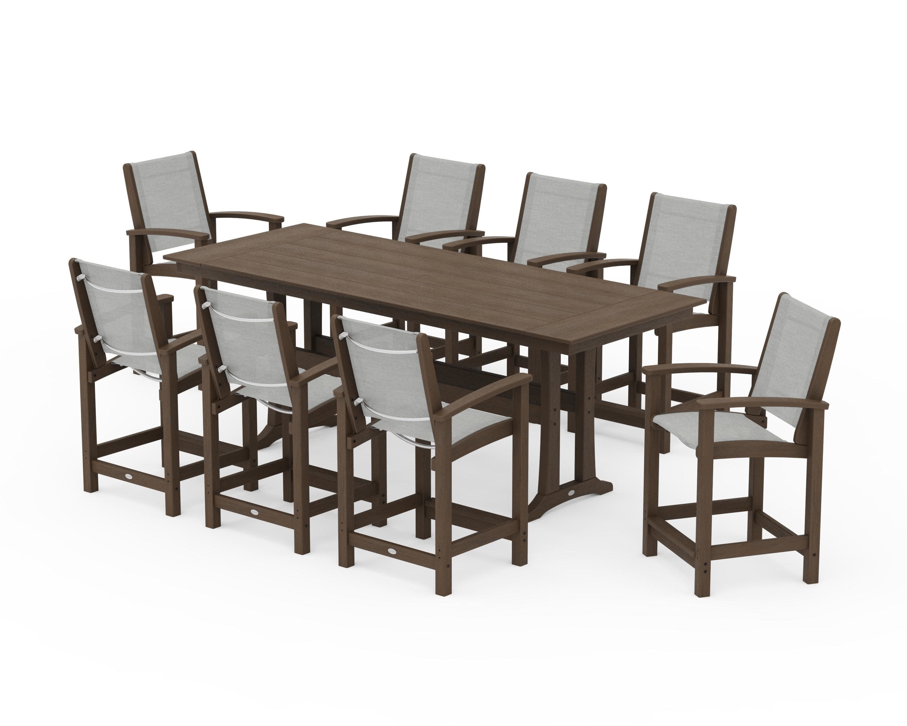 Coastal 9-Piece Farmhouse Counter Set with Trestle Legs in Kona / Metallic Sling