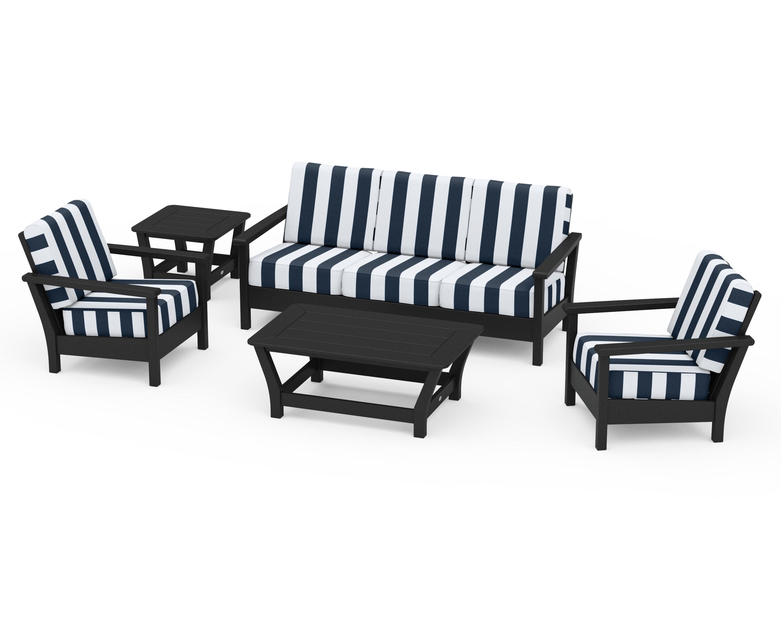 Harbour 5-Piece Deep Seating Set in Black / Cabana Stripe Marine Indigo