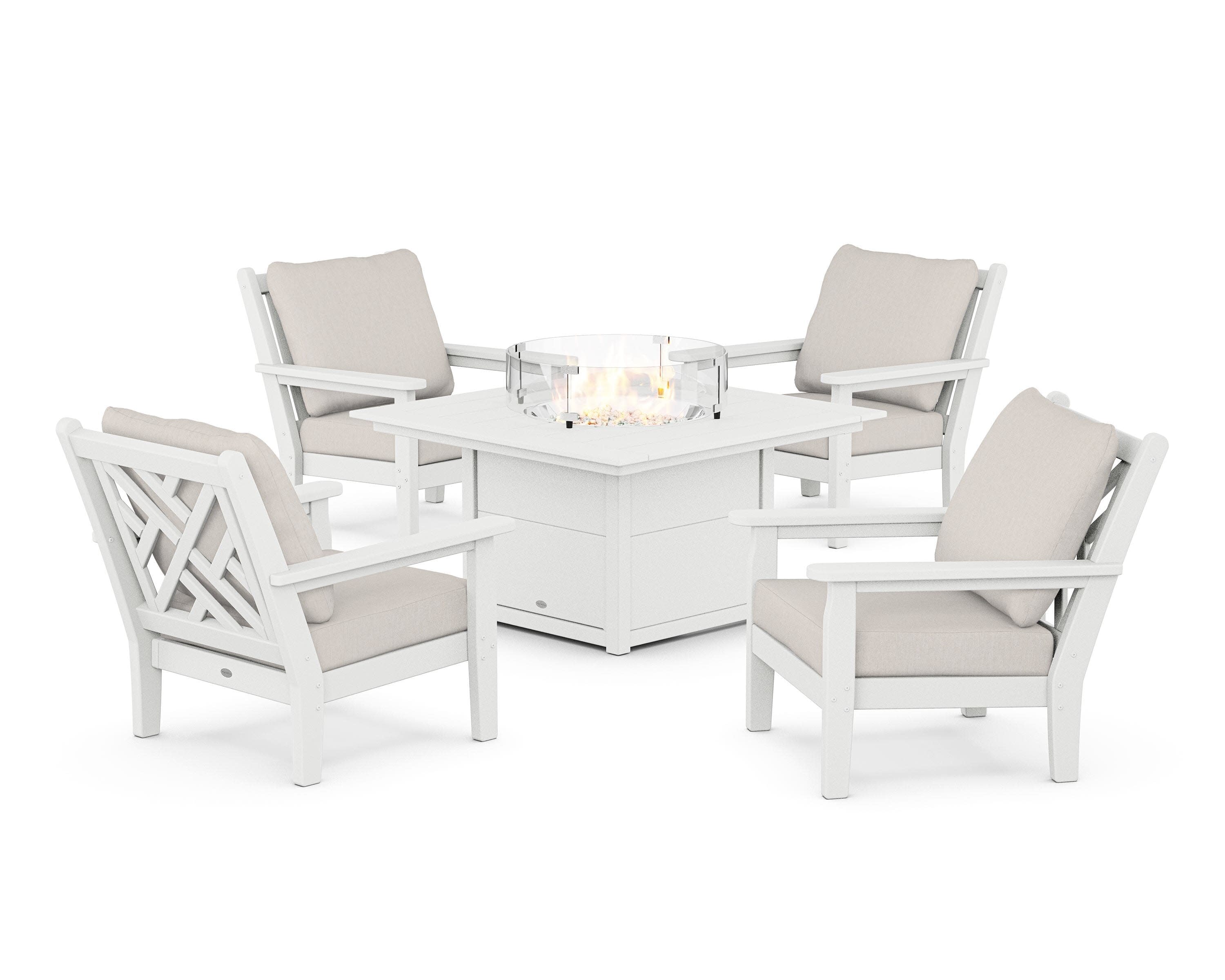 Chippendale 5-Piece Deep Seating Set with Fire Pit Table in White / Cast Ash