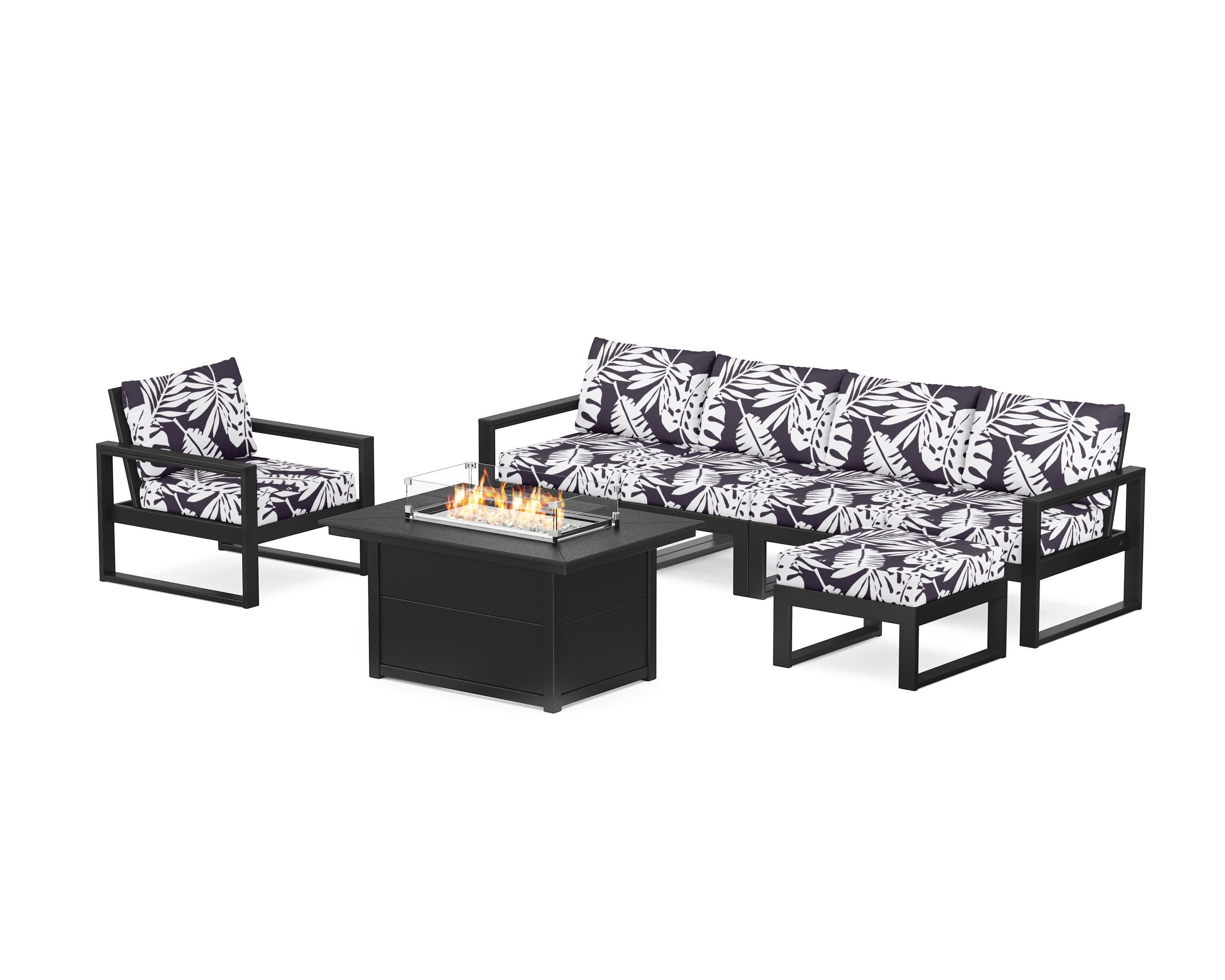 EDGE Sectional Lounge and Fire Pit Set in Black / Leaf Navy