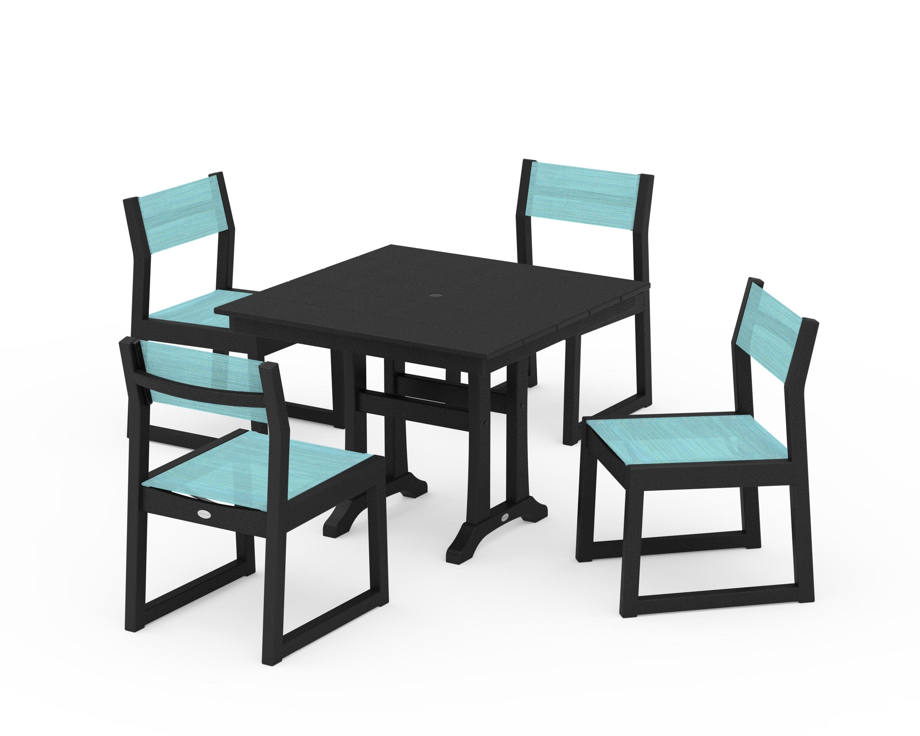 EDGE Sling 5-Piece Farmhouse Trestle Side Chair Dining Set in Black / Dupioni Aquamarine Sling
