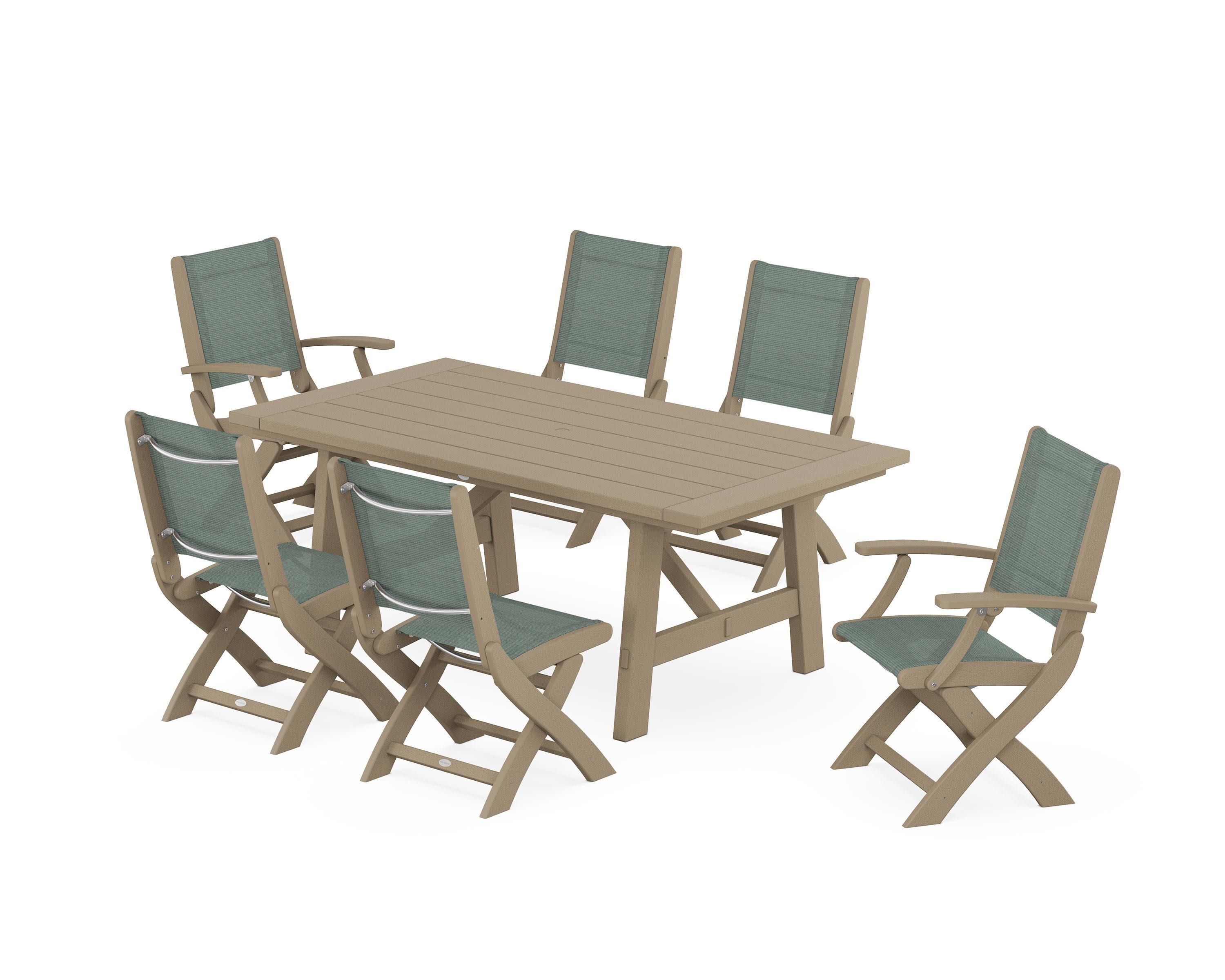 Coastal Folding Chair 7-Piece Rustic Farmhouse Dining Set in Vintage Sahara / Dupioni Sea Mist Sling