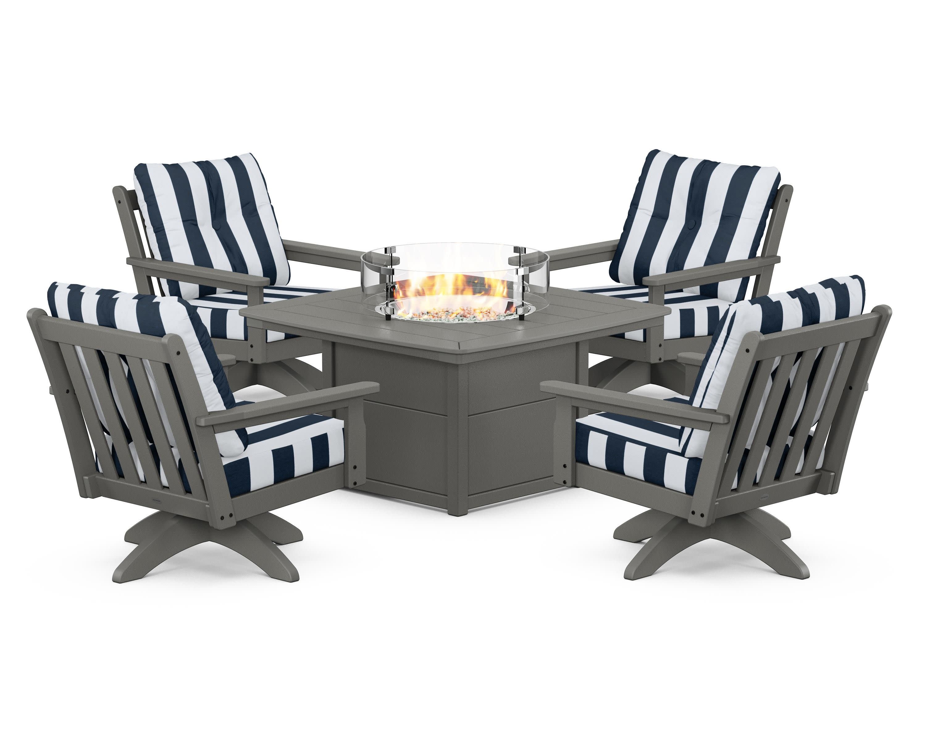 Vineyard 5-Piece Deep Seating Swivel Conversation Set with Fire Pit Table in Slate Grey / Cabana Stripe Marine Indigo