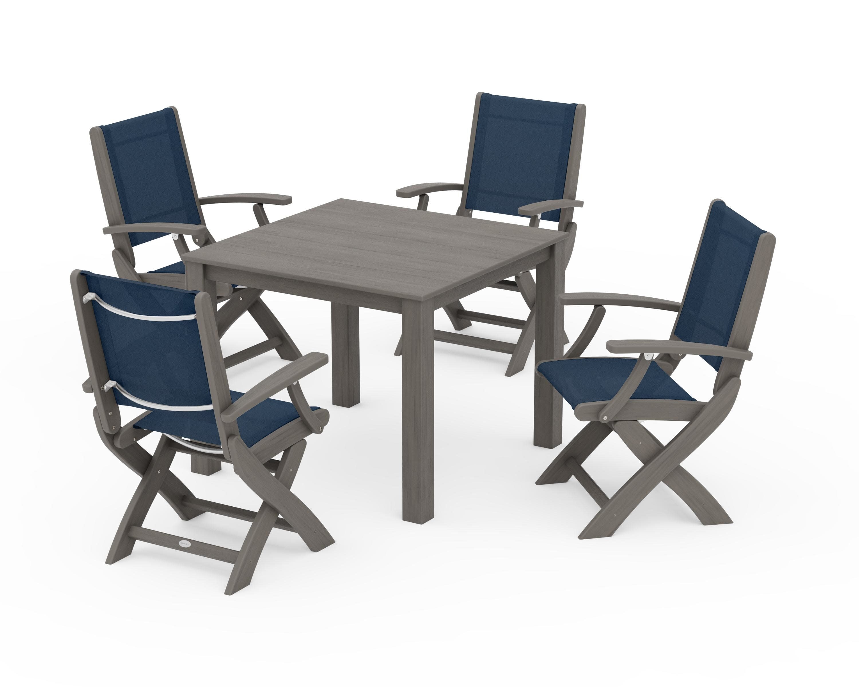 Coastal Folding Chair 5-Piece Parsons Dining Set in Driftwood / Navy Blue Sling