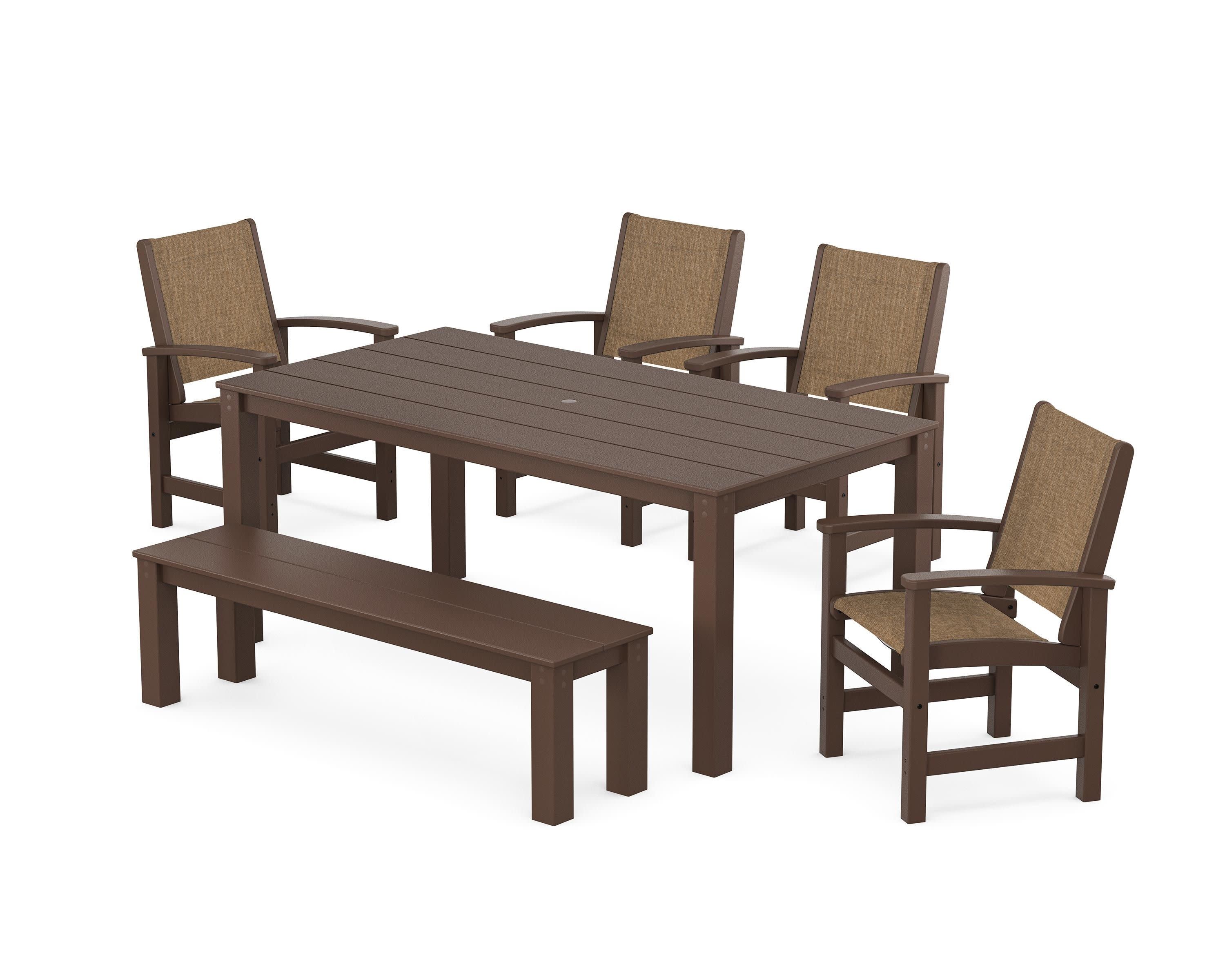 Coastal 6-Piece Parsons Dining Set with Bench in Mahogany / Burlap Sling