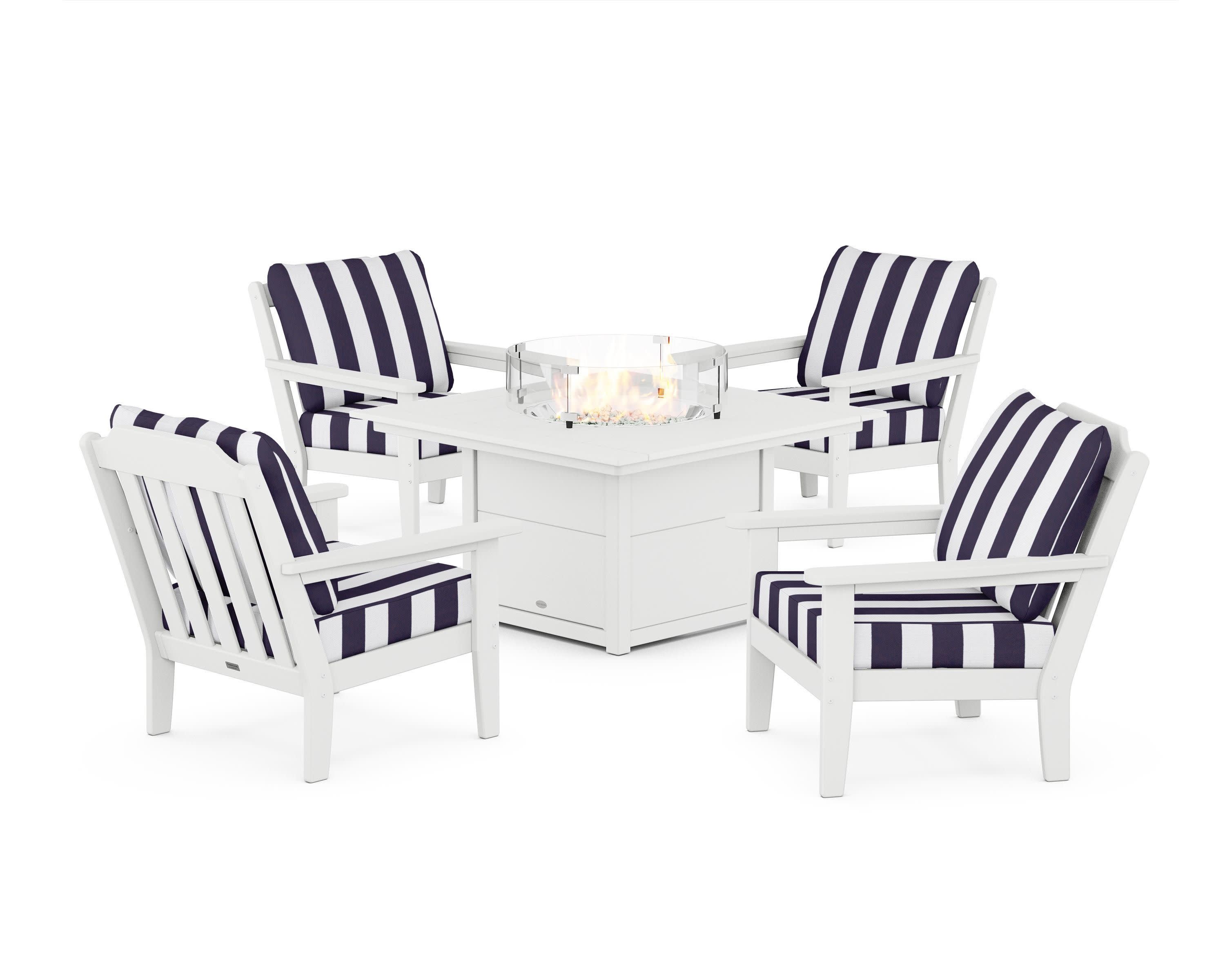 Cottage 5-Piece Deep Seating Set with Fire Pit Table in White / Cabana Stripe Navy