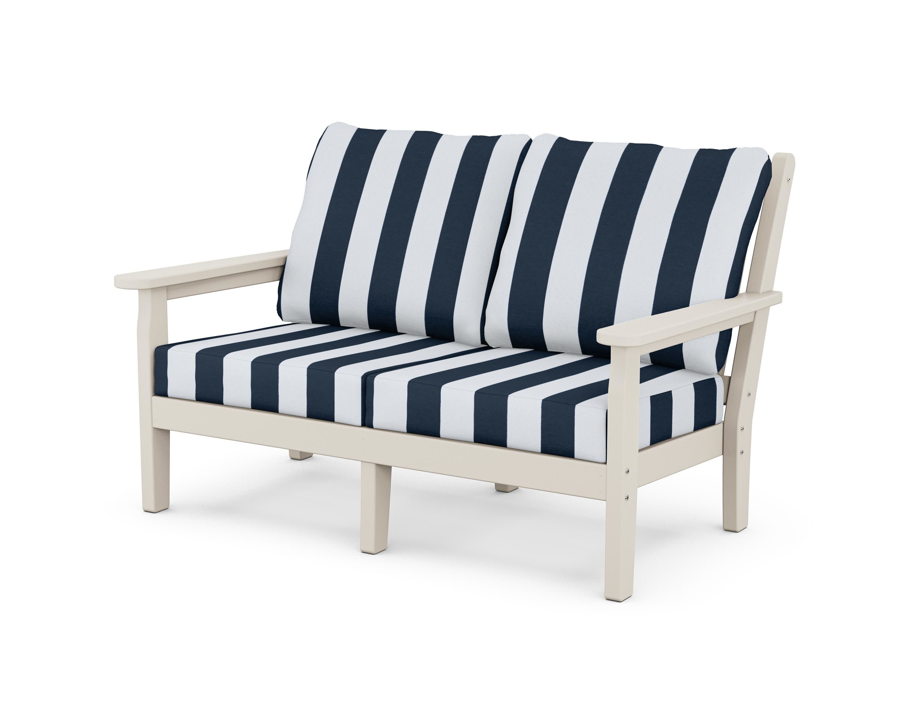 Chippendale Deep Seating Loveseat in Sand / Cabana Stripe Marine Indigo