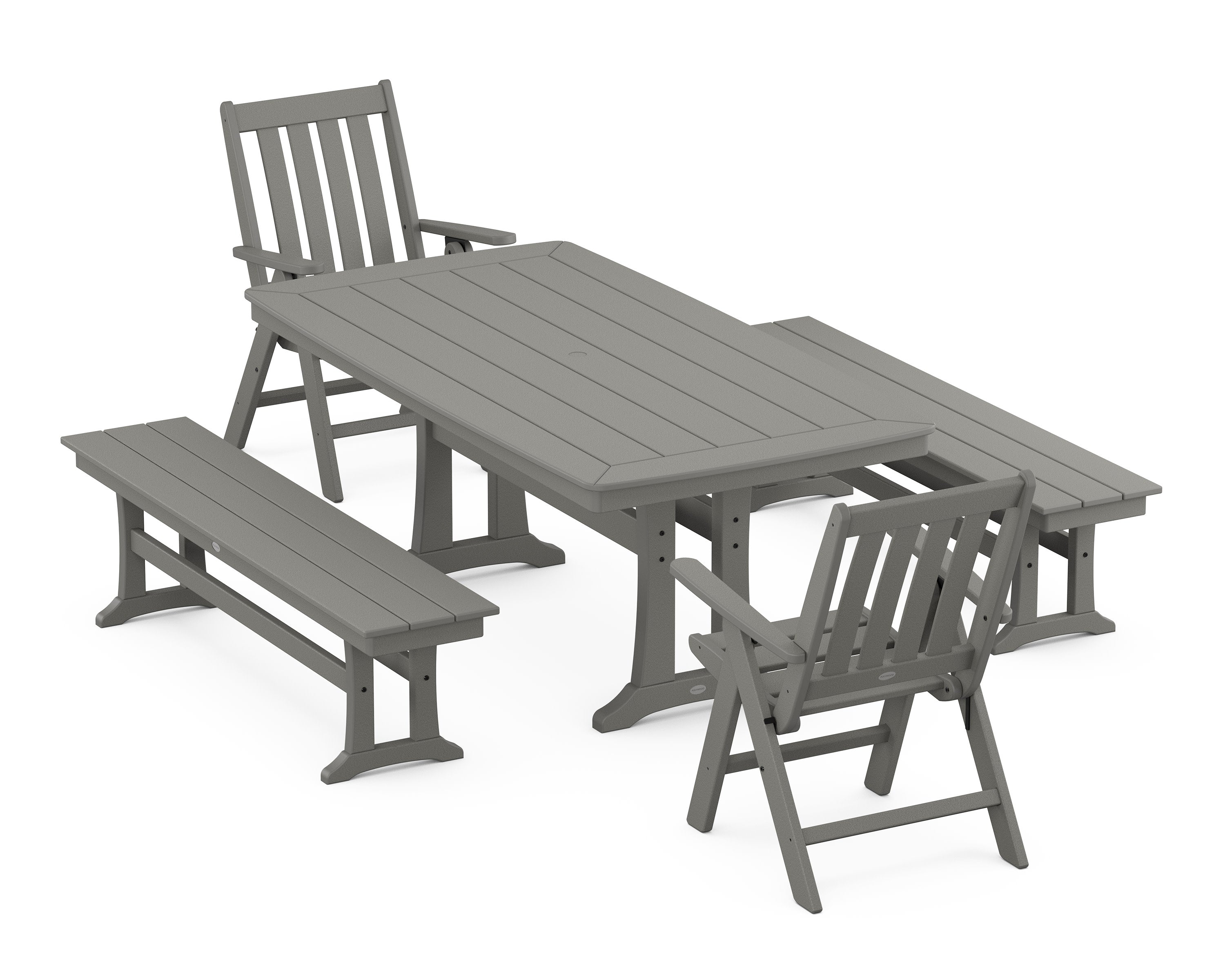 Vineyard Folding Chair 5-Piece Dining Set with Trestle Legs and Benches in Slate Grey