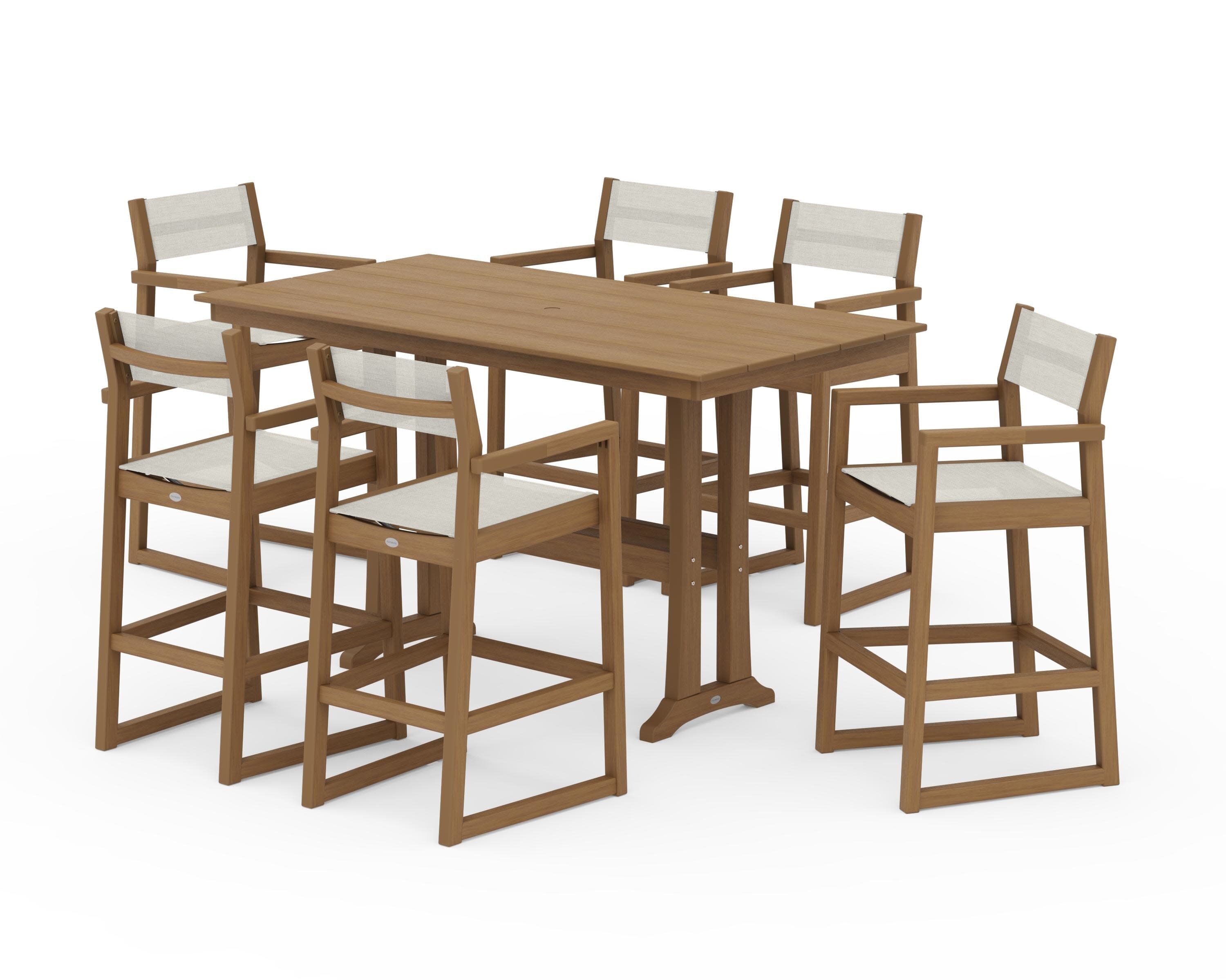 EDGE Sling Arm Chair 7-Piece Farmhouse Bar Set with Trestle Legs in Natural / Parchment Sling