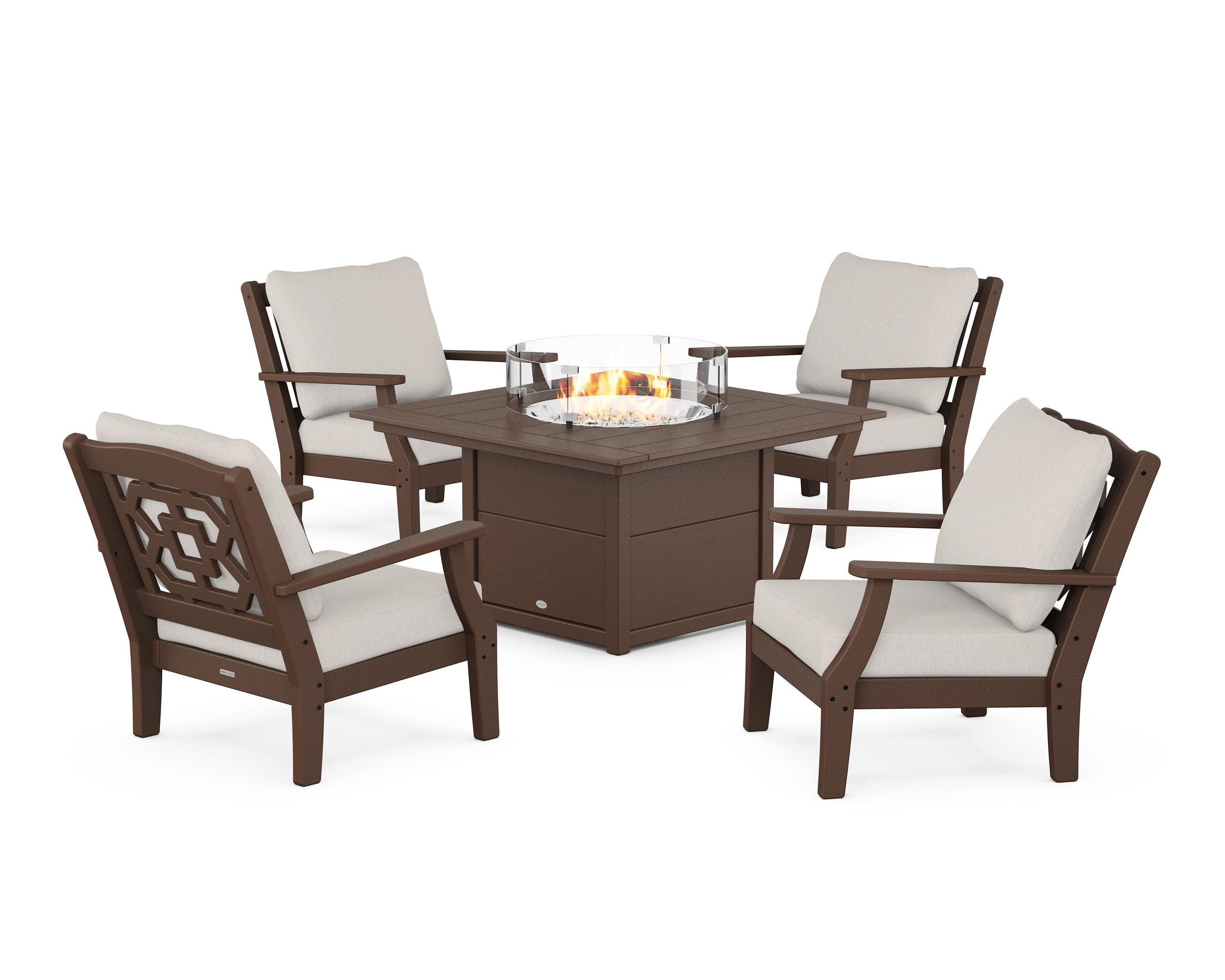 Chinoiserie 5-Piece Deep Seating Set with Fire Pit Table in Mahogany / Cast Ash