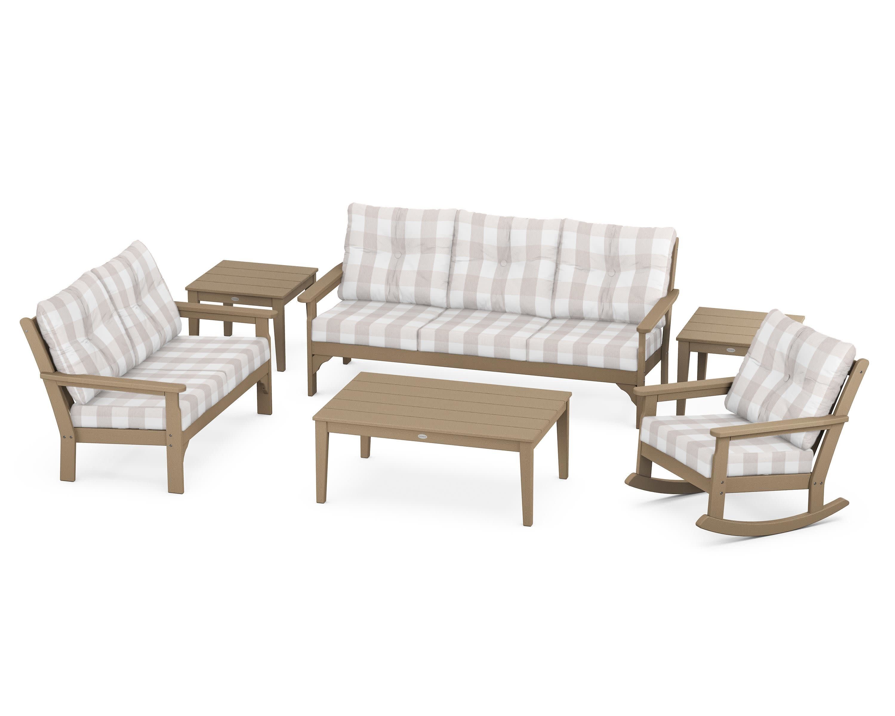 Vineyard 6-Piece Deep Seating Set in Vintage Sahara / Buffalo Plaid Dune Burlap