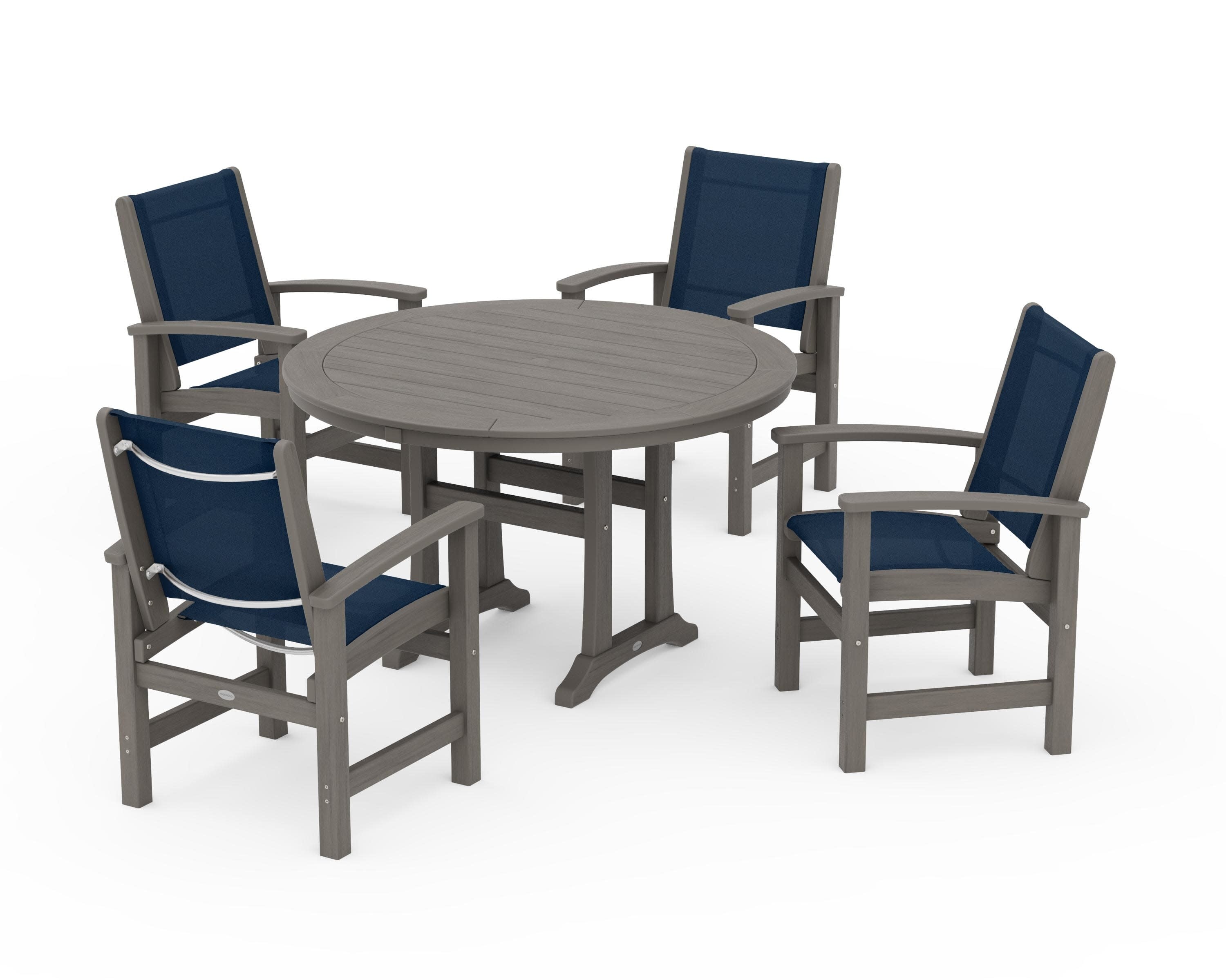 Coastal 5-Piece Round Dining Set with Trestle Legs in Driftwood / Navy Blue Sling
