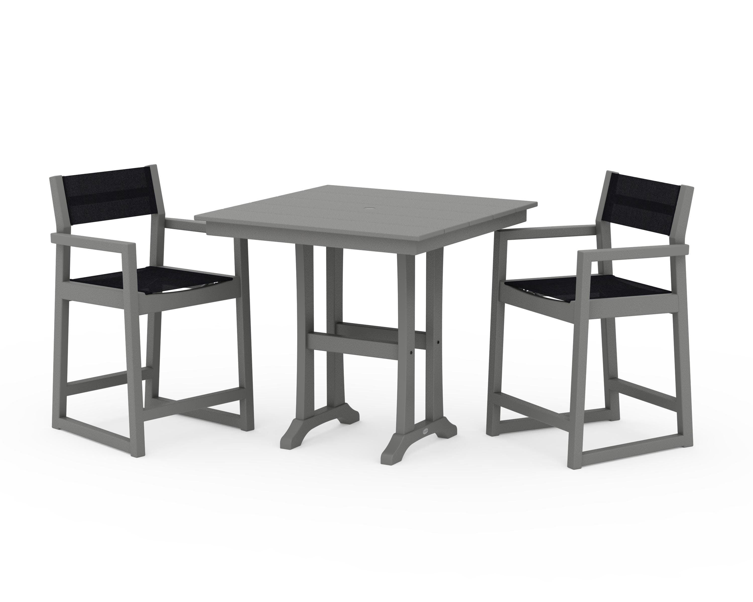 EDGE Sling Arm Chair 3-Piece Farmhouse Counter Set with Trestle Legs in Slate Grey / Black Sling