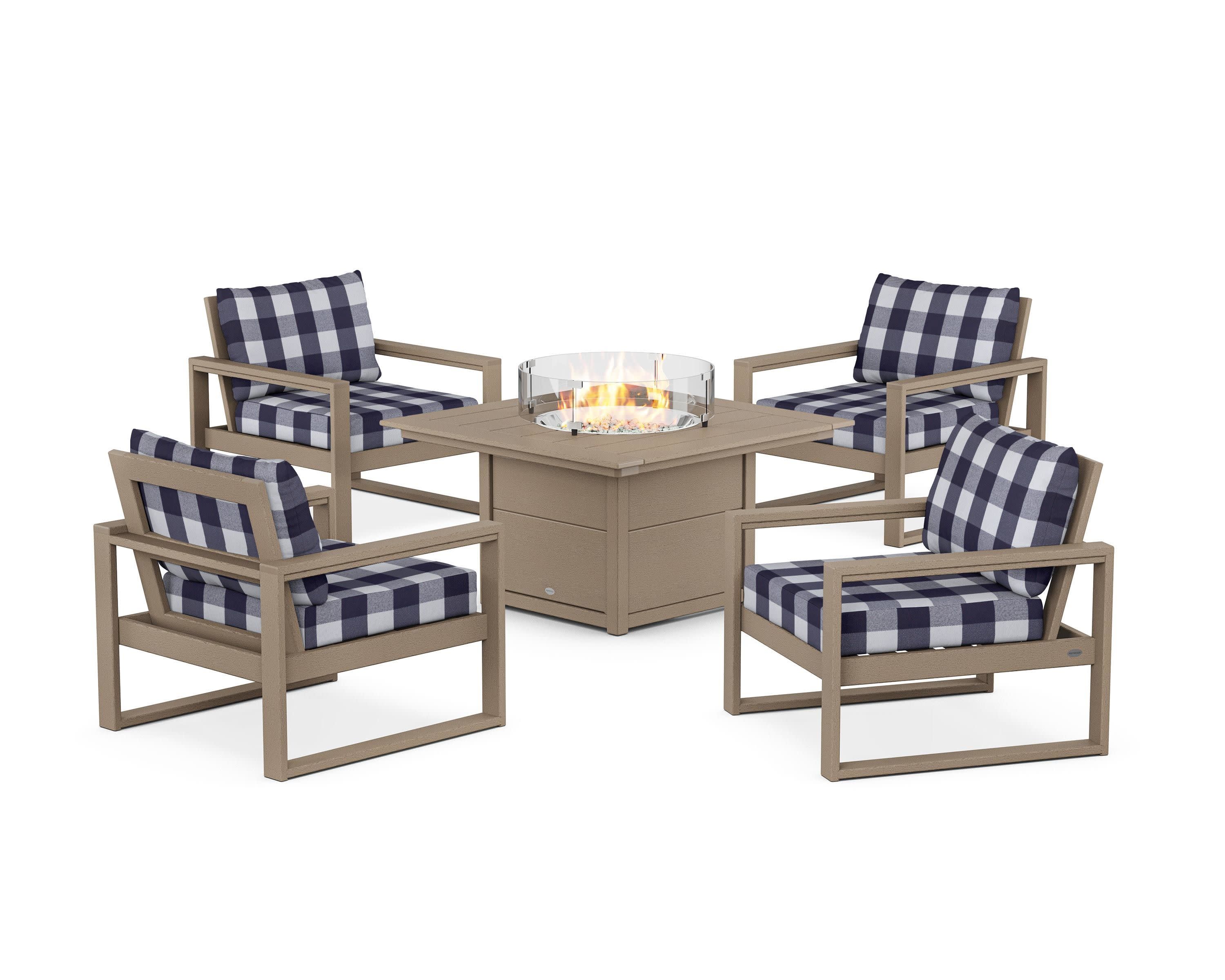 EDGE Sectional 5-Piece Deep Seating Set with Fire Pit Table in Vintage Sahara / Buffalo Plaid Navy