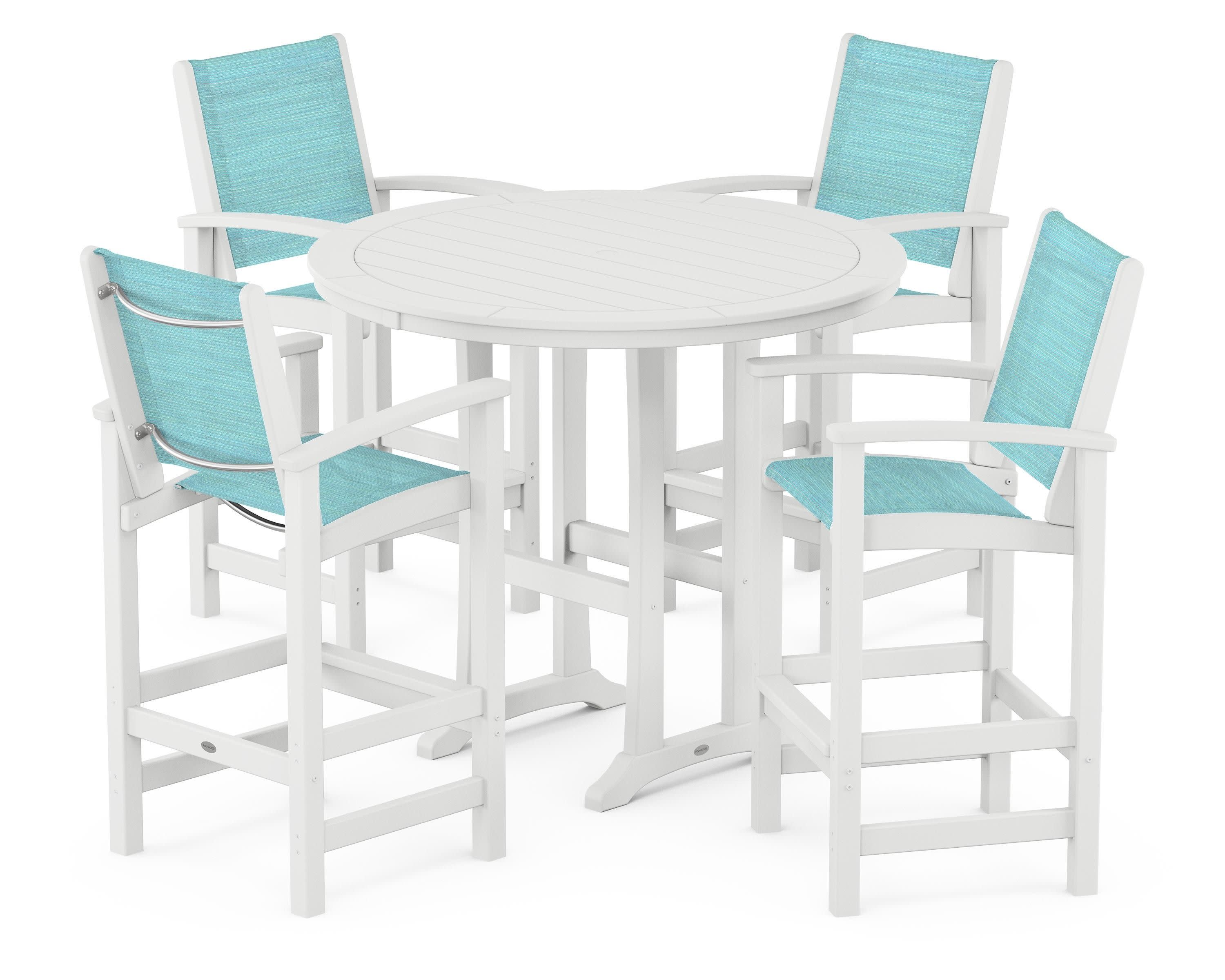 Coastal 5-Piece Nautical Trestle Bar Set in White / Dupioni Aquamarine Sling