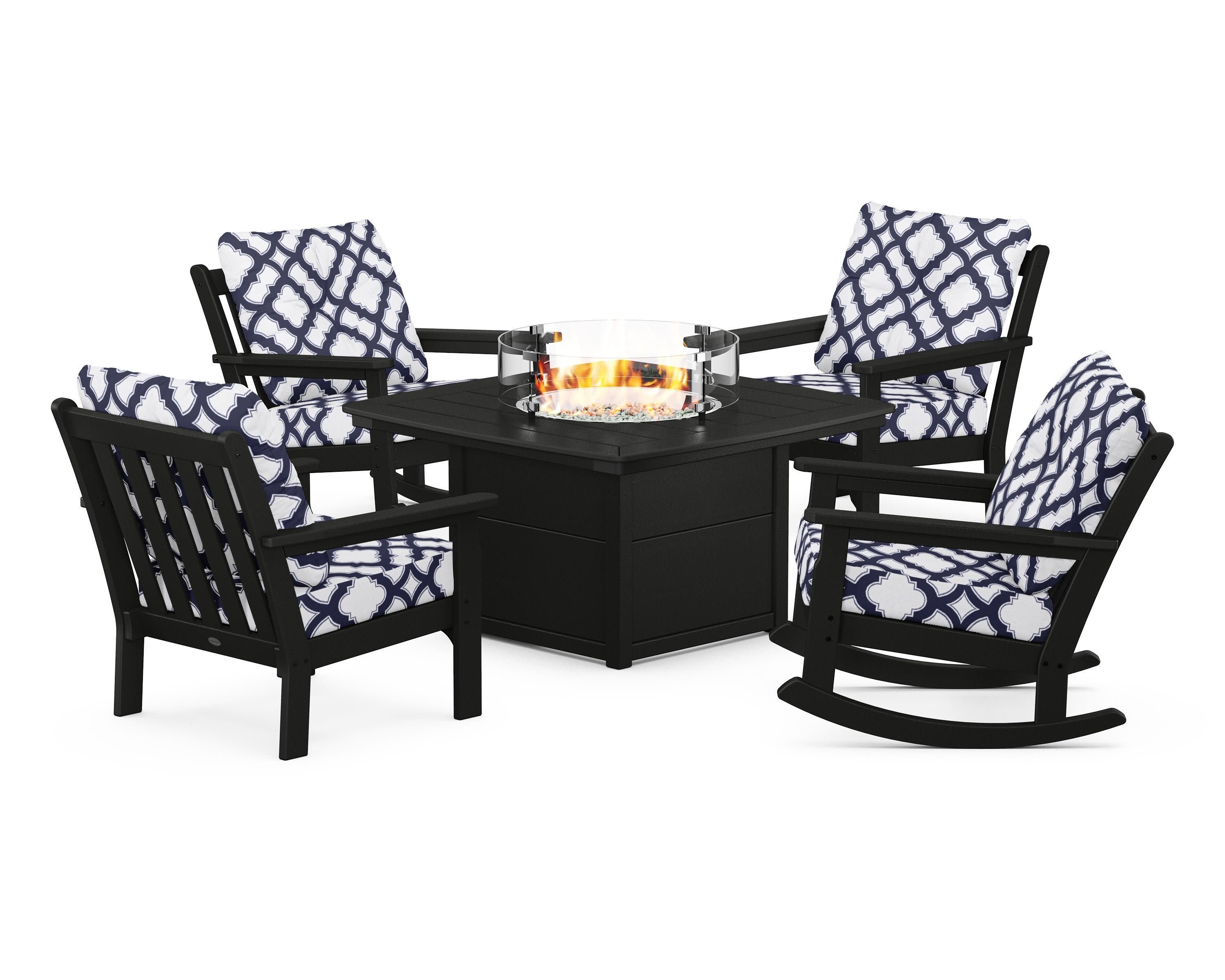 Vineyard 5-Piece Deep Seating Rocking Chair Conversation Set with Fire Pit Table in Black / Trellis Navy