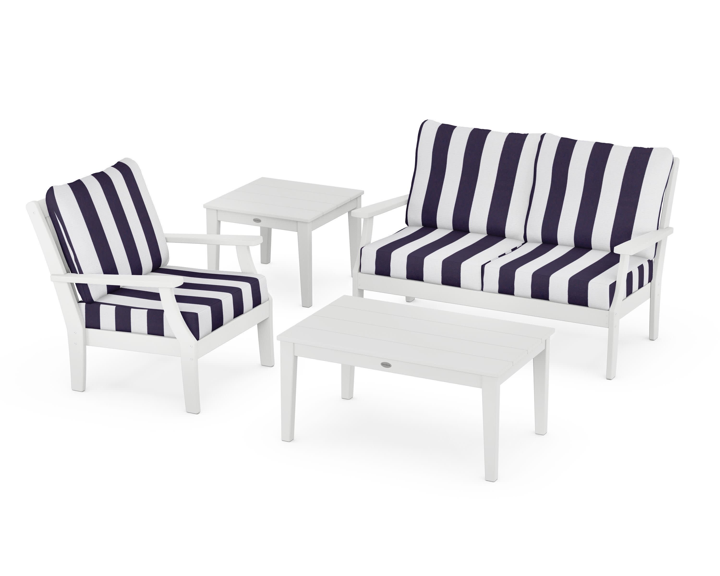 Braxton 4-Piece Deep Seating Set in White / Cabana Stripe Navy