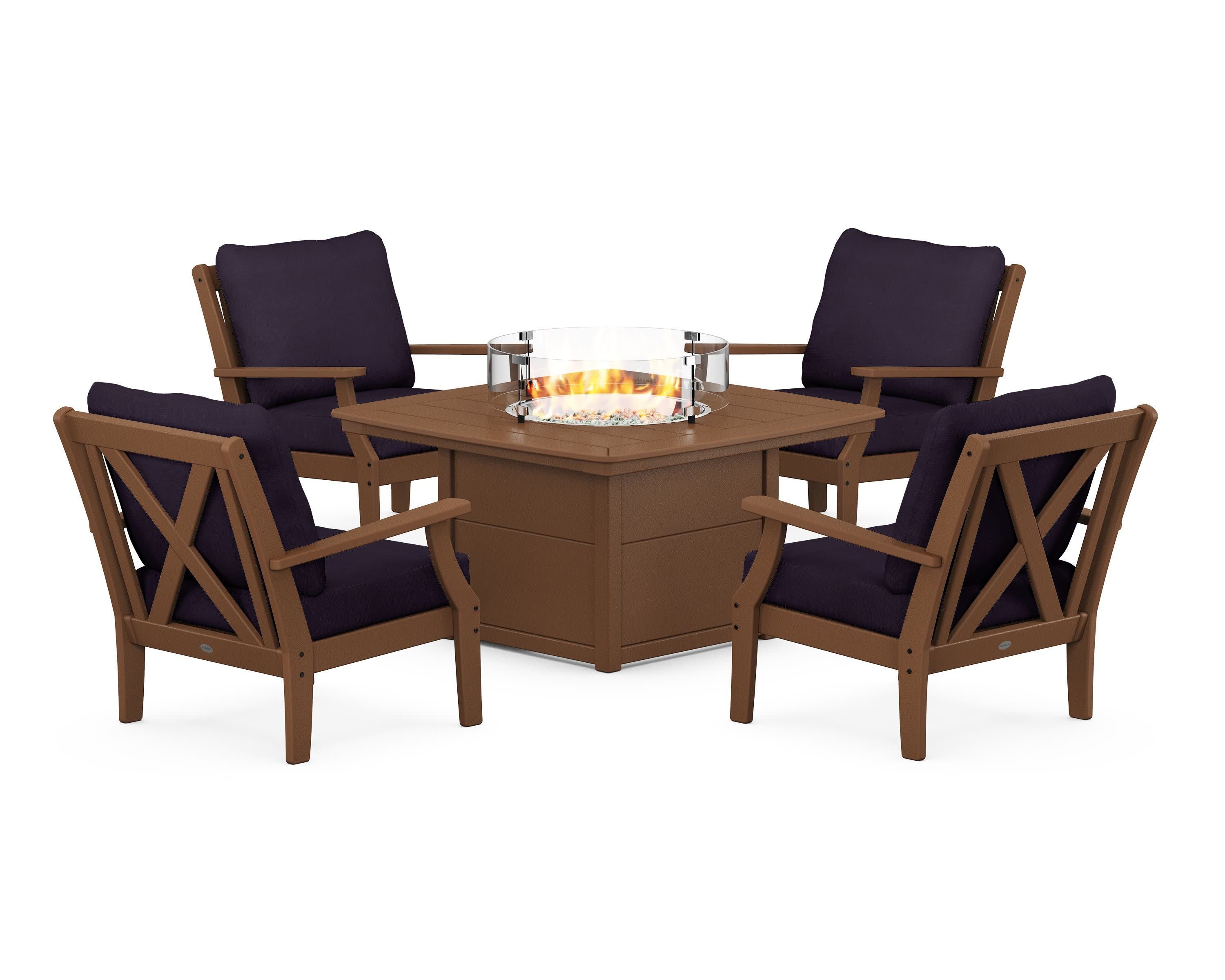 Braxton 5-Piece Deep Seating Conversation Set with Fire Pit Table in Teak / Navy Linen