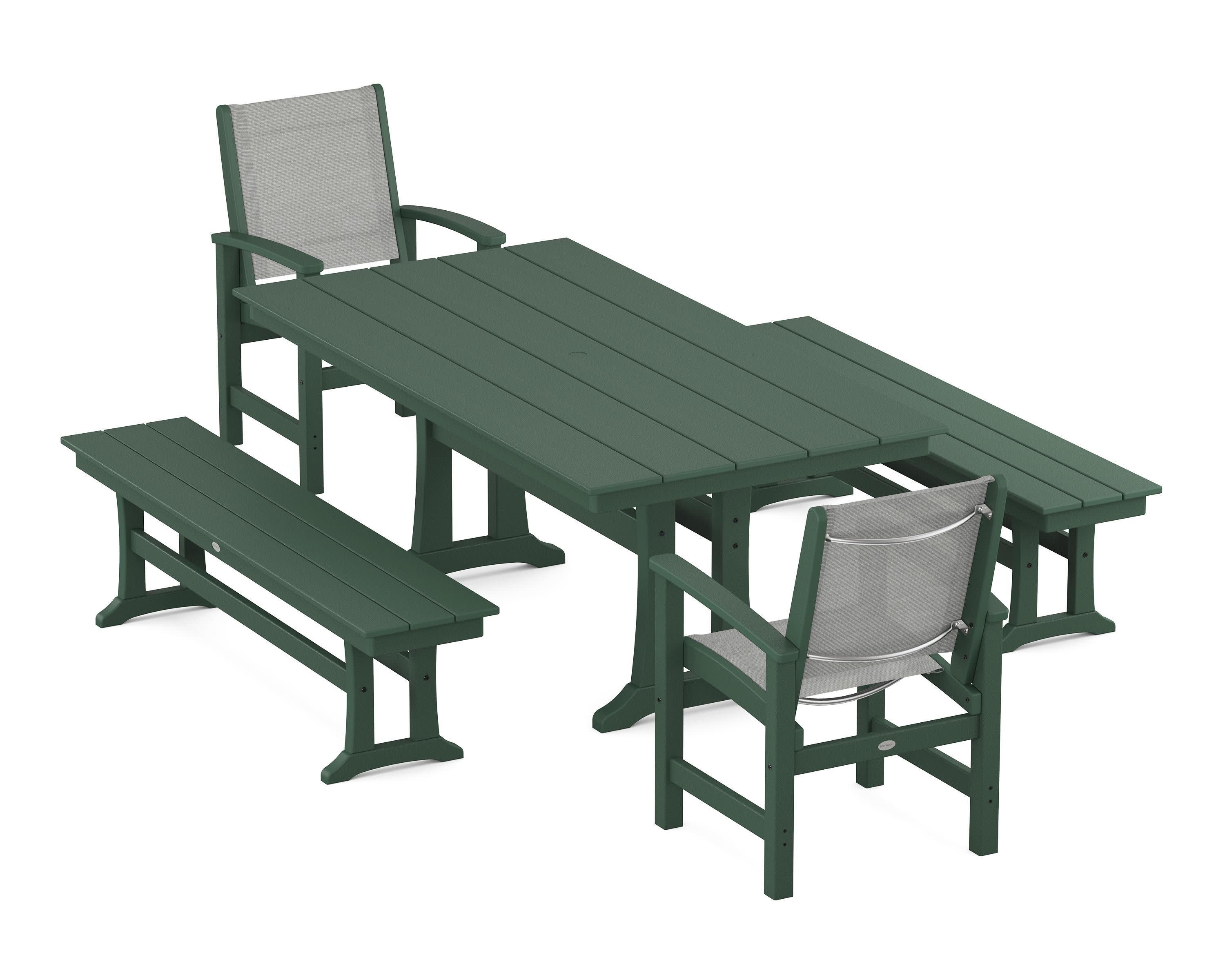 Coastal 5-Piece Farmhouse Dining Set with Trestle Legs and Benches in Green / Metallic Sling
