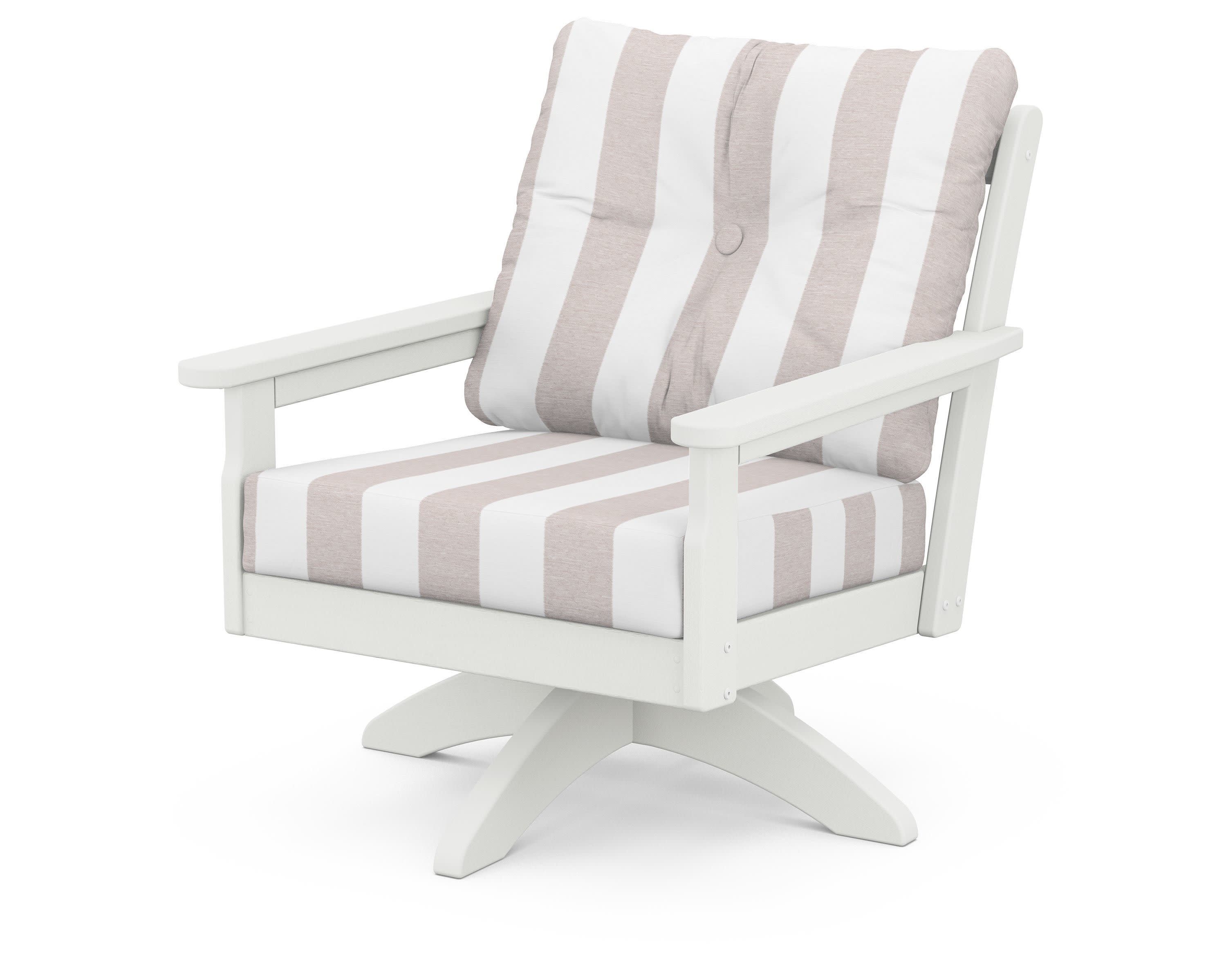Vineyard Deep Seating Swivel Chair in Vintage White / Cabana Stripe Dune Burlap