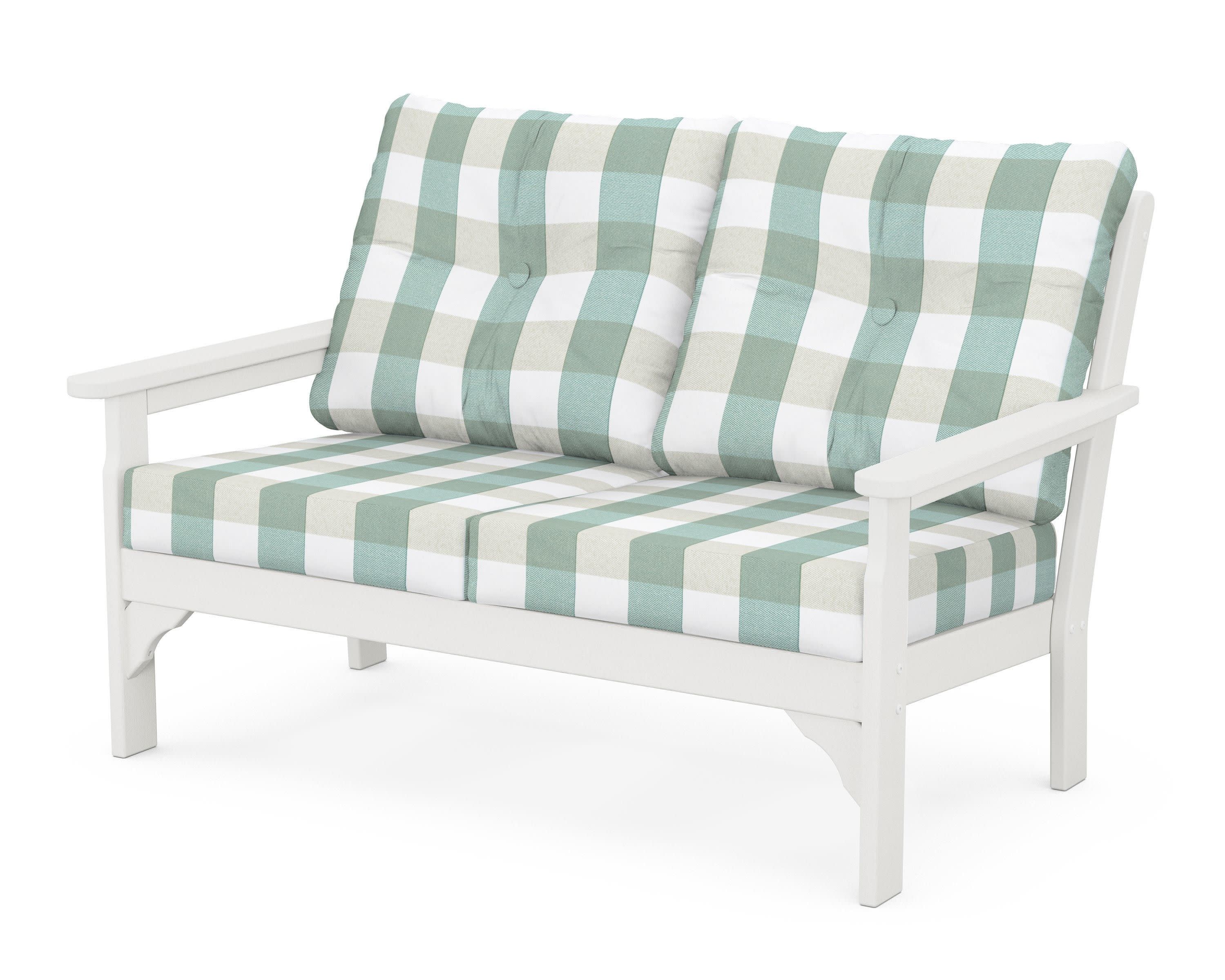 Vineyard Deep Seating Loveseat in Vintage White / Buffalo Plaid Glacier Spa