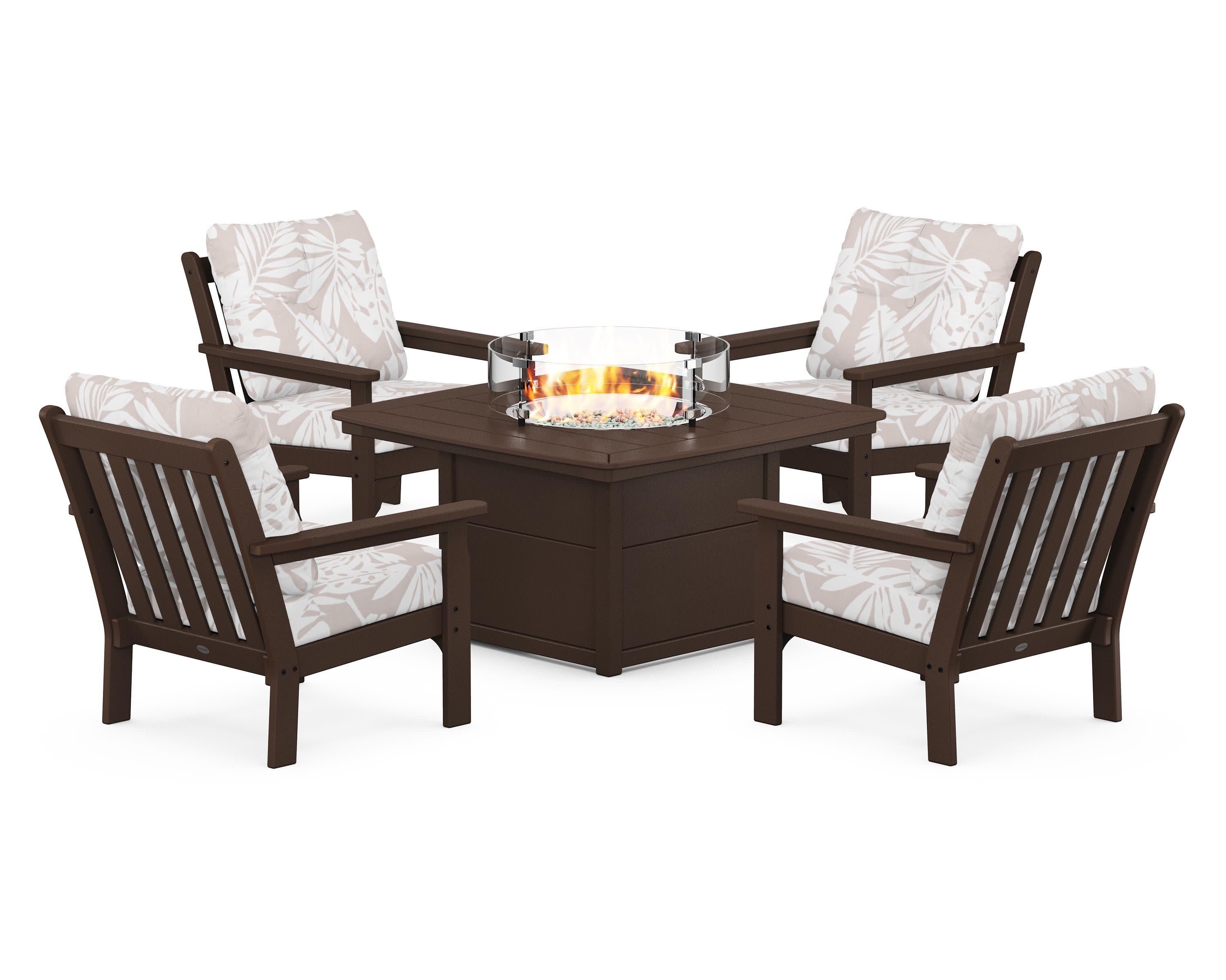 Vineyard 5-Piece Conversation Set with Fire Pit Table in Mahogany / Leaf Dune Burlap