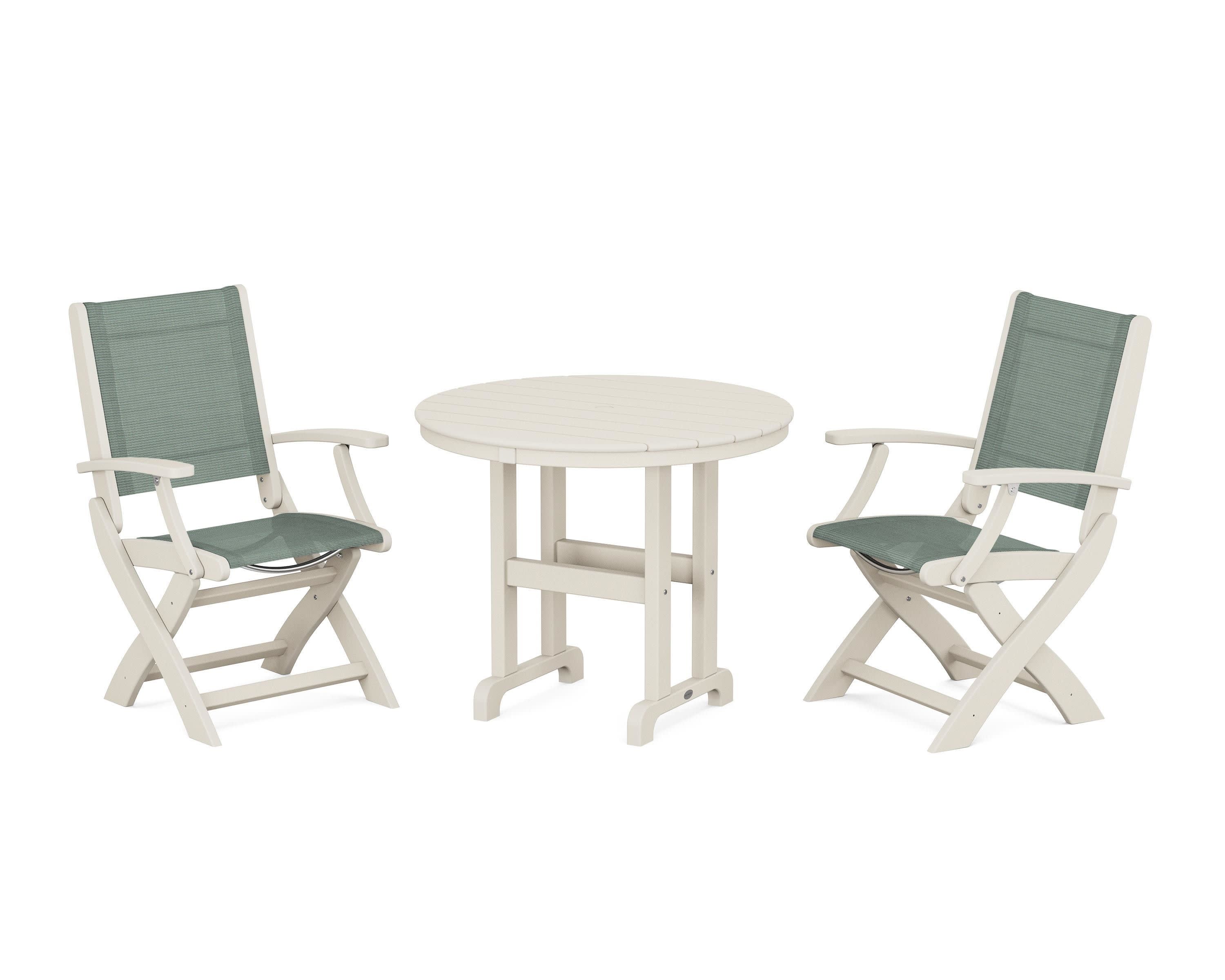 Coastal Folding Chair 3-Piece Round Dining Set in Sand / Dupioni Sea Mist Sling