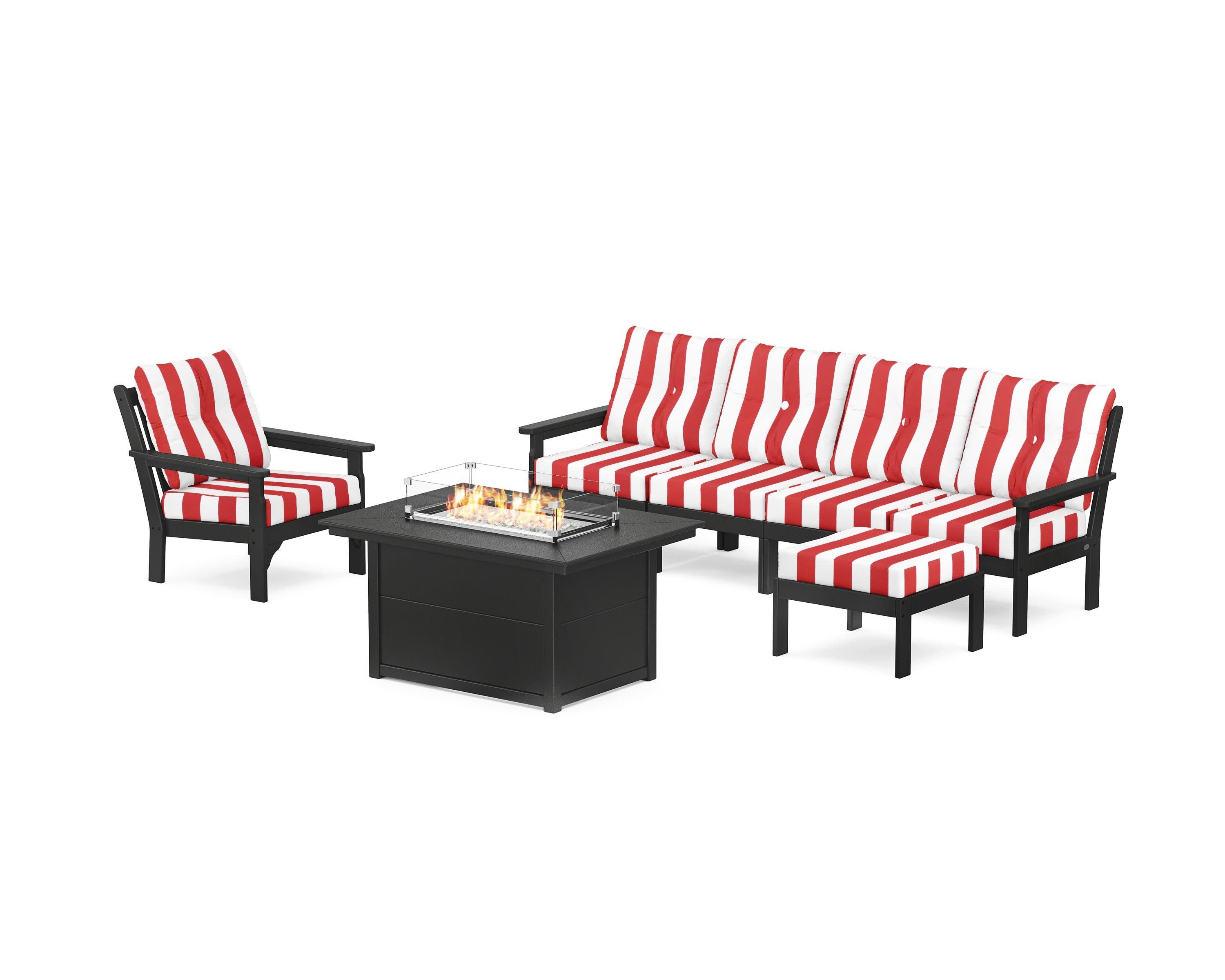 Vineyard Sectional Lounge and Fire Pit Set in Black / Cabana Stripe Crimson