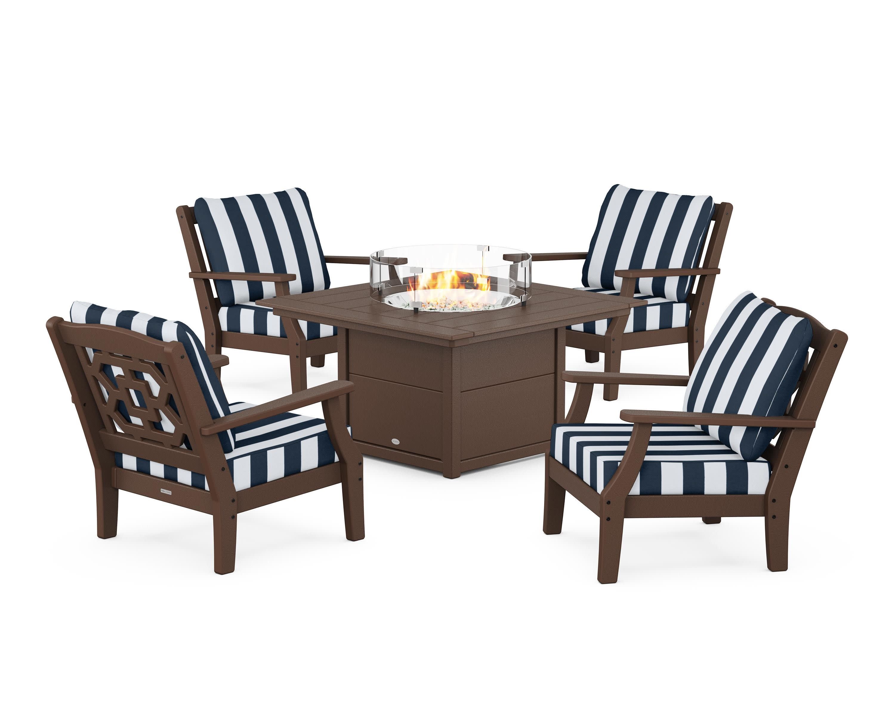 Chinoiserie 5-Piece Deep Seating Set with Fire Pit Table in Mahogany / Cabana Stripe Marine Indigo