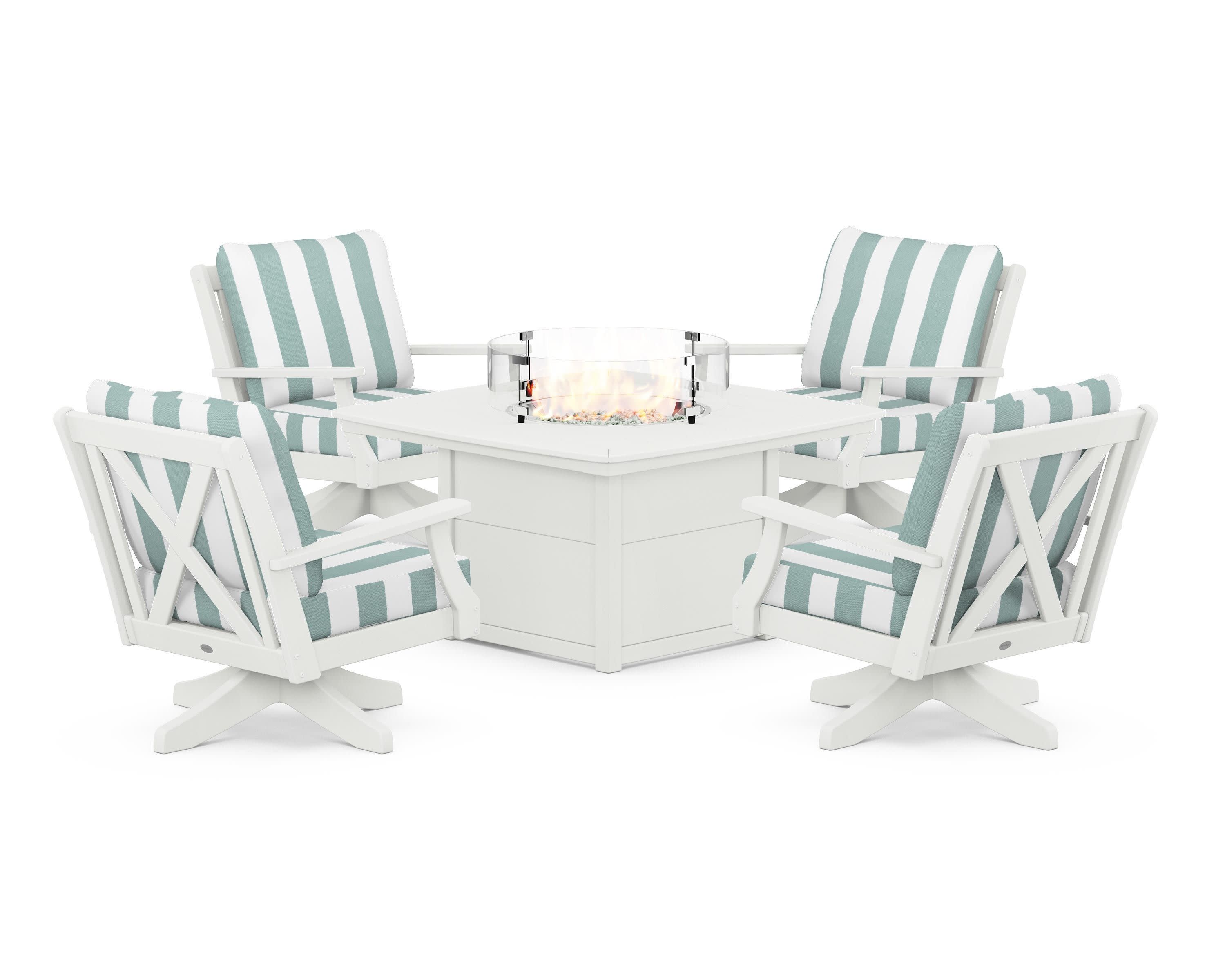 Braxton 5-Piece Deep Seating Swivel Conversation Set with Fire Pit Table in Vintage White / Cabana Stripe Glacier Spa