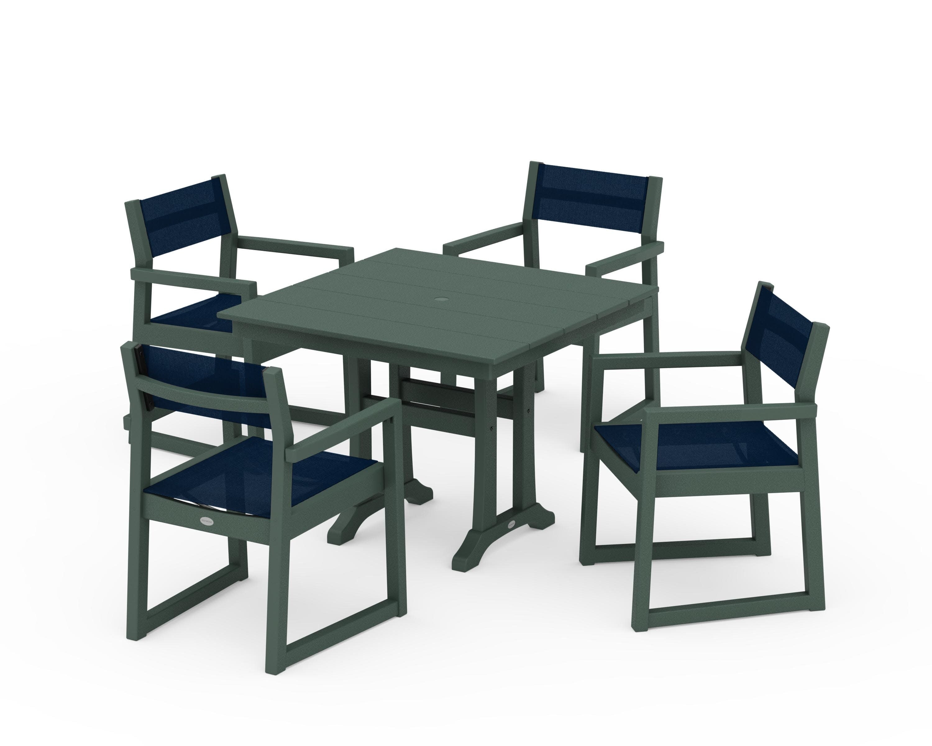 EDGE Sling 5-Piece Farmhouse Dining Set with Trestle Legs in Green / Navy Blue Sling
