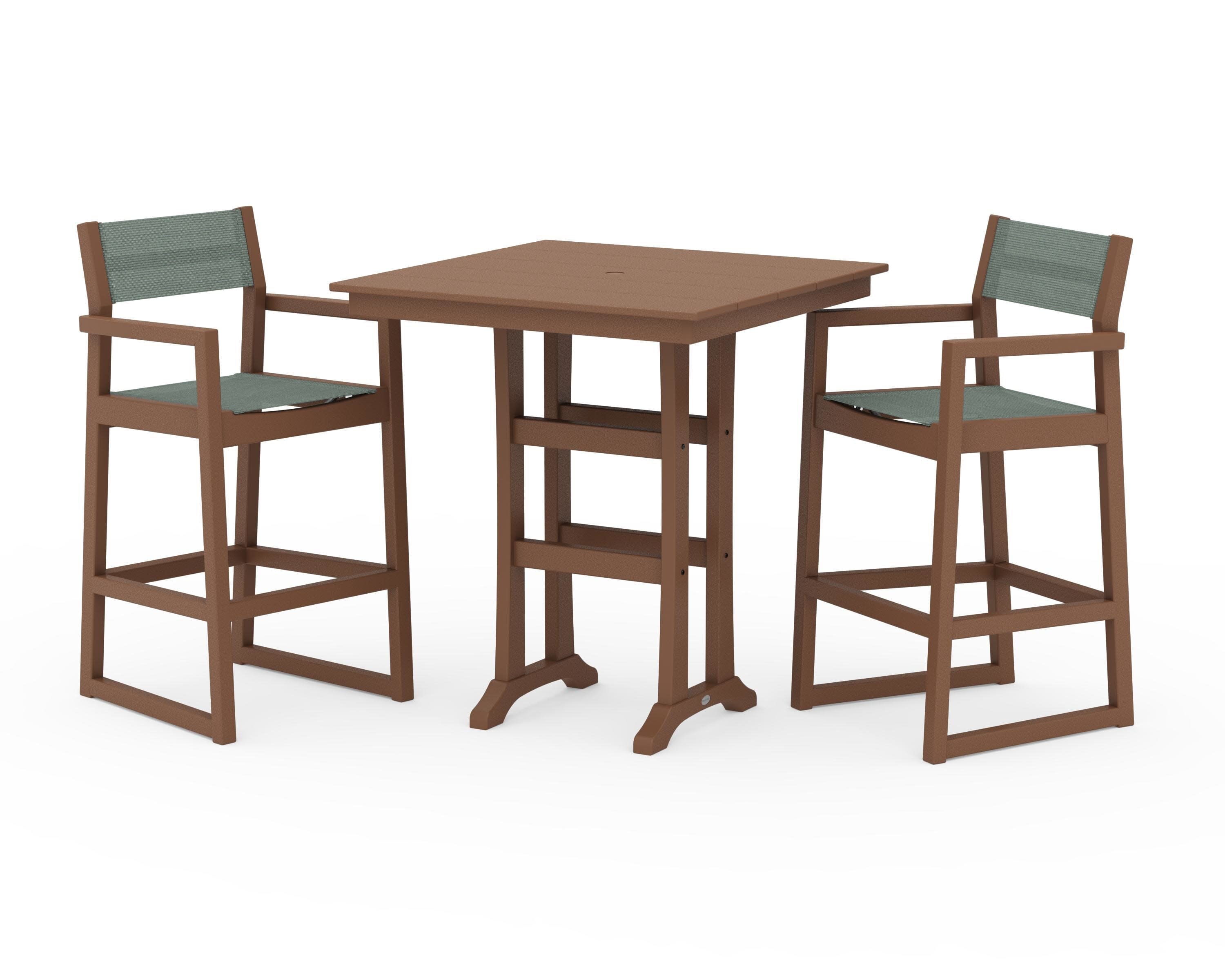EDGE Sling Arm Chair 3-Piece Farmhouse Bar Set with Trestle Legs in Teak / Dupioni Sea Mist Sling