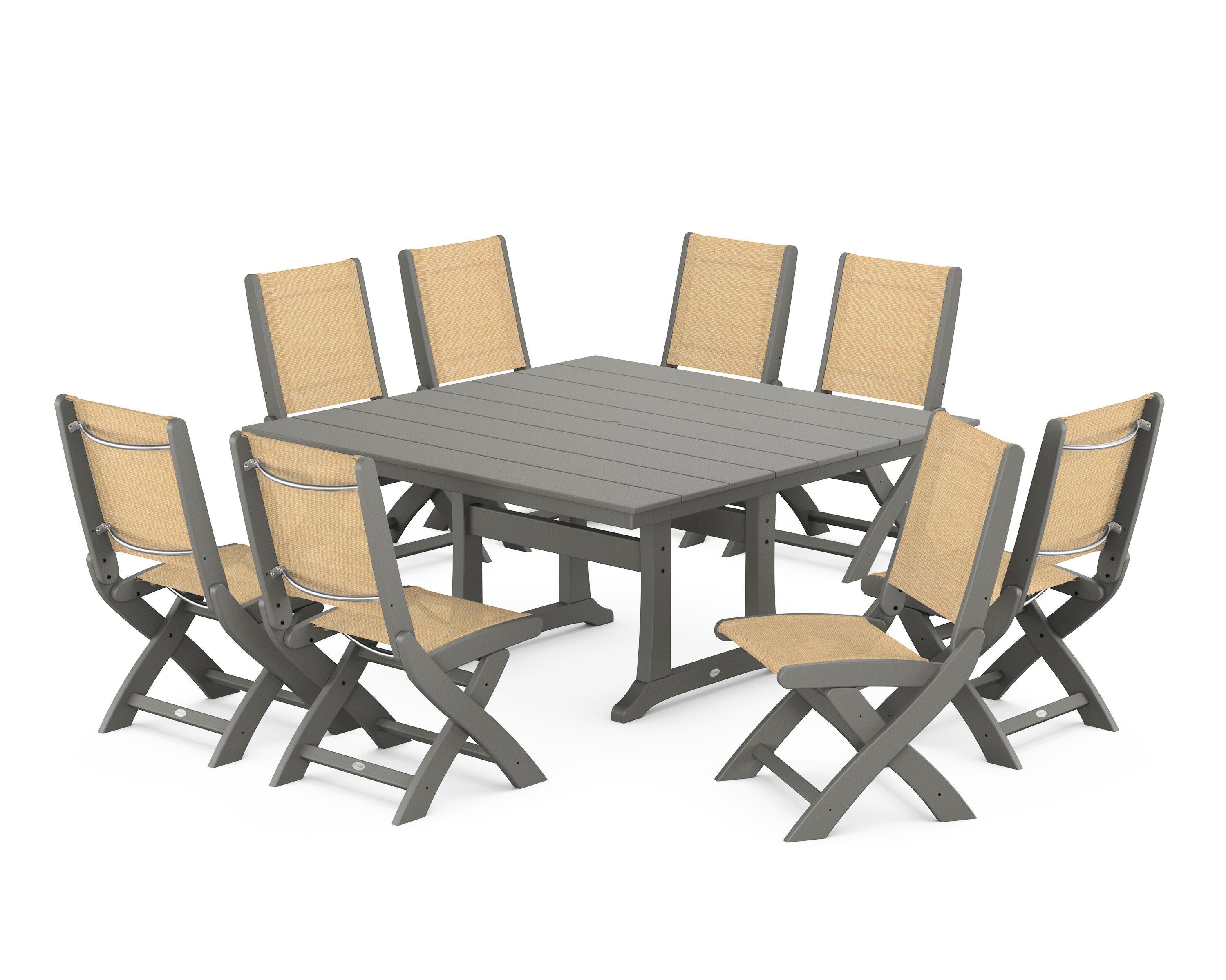 Coastal Folding Side Chair 9-Piece Farmhouse Dining Set in Slate Grey / Dupioni Apricot Sling