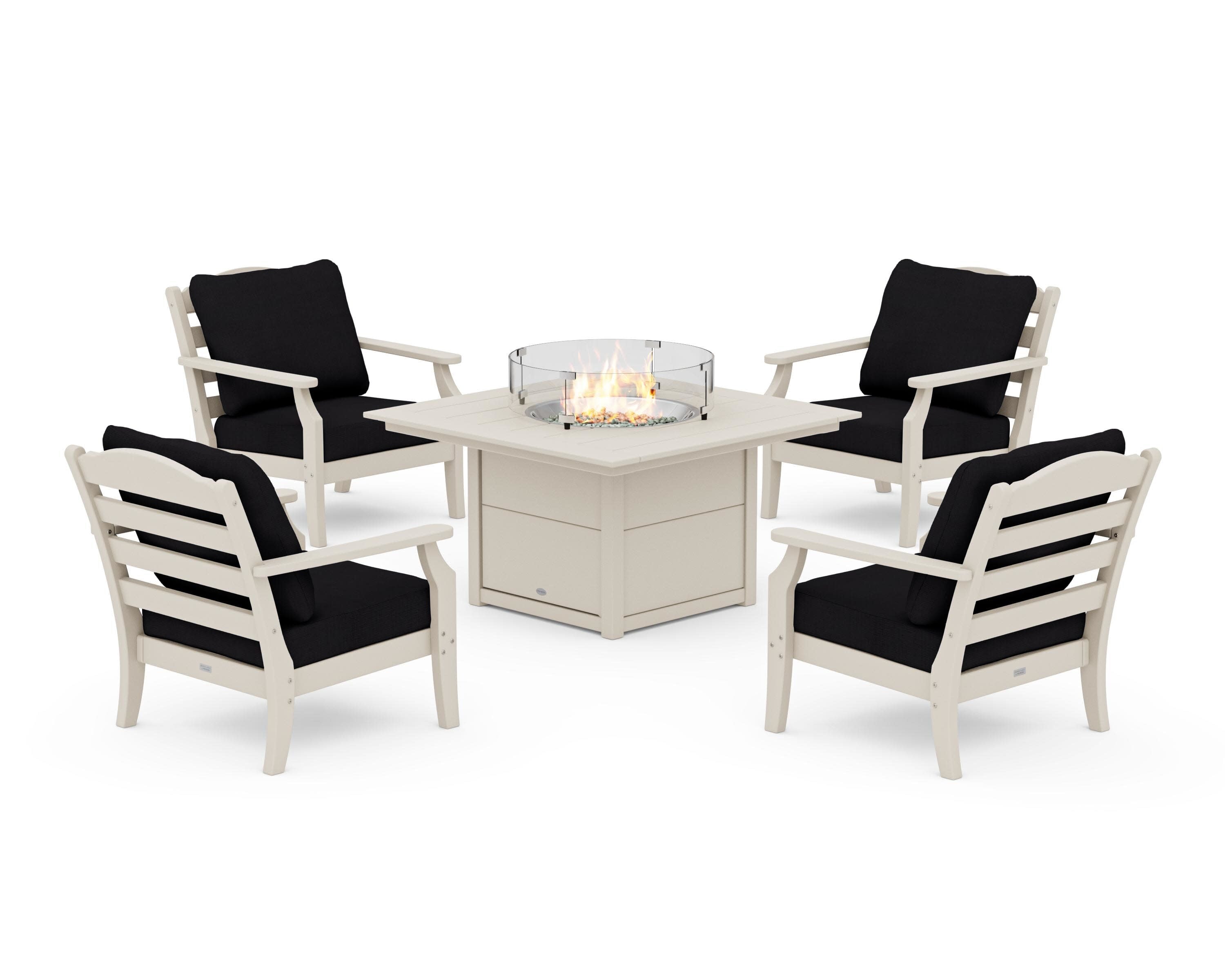 Savannah 5-Piece Deep Seating Set with Fire Pit Table in Sand / Midnight Linen